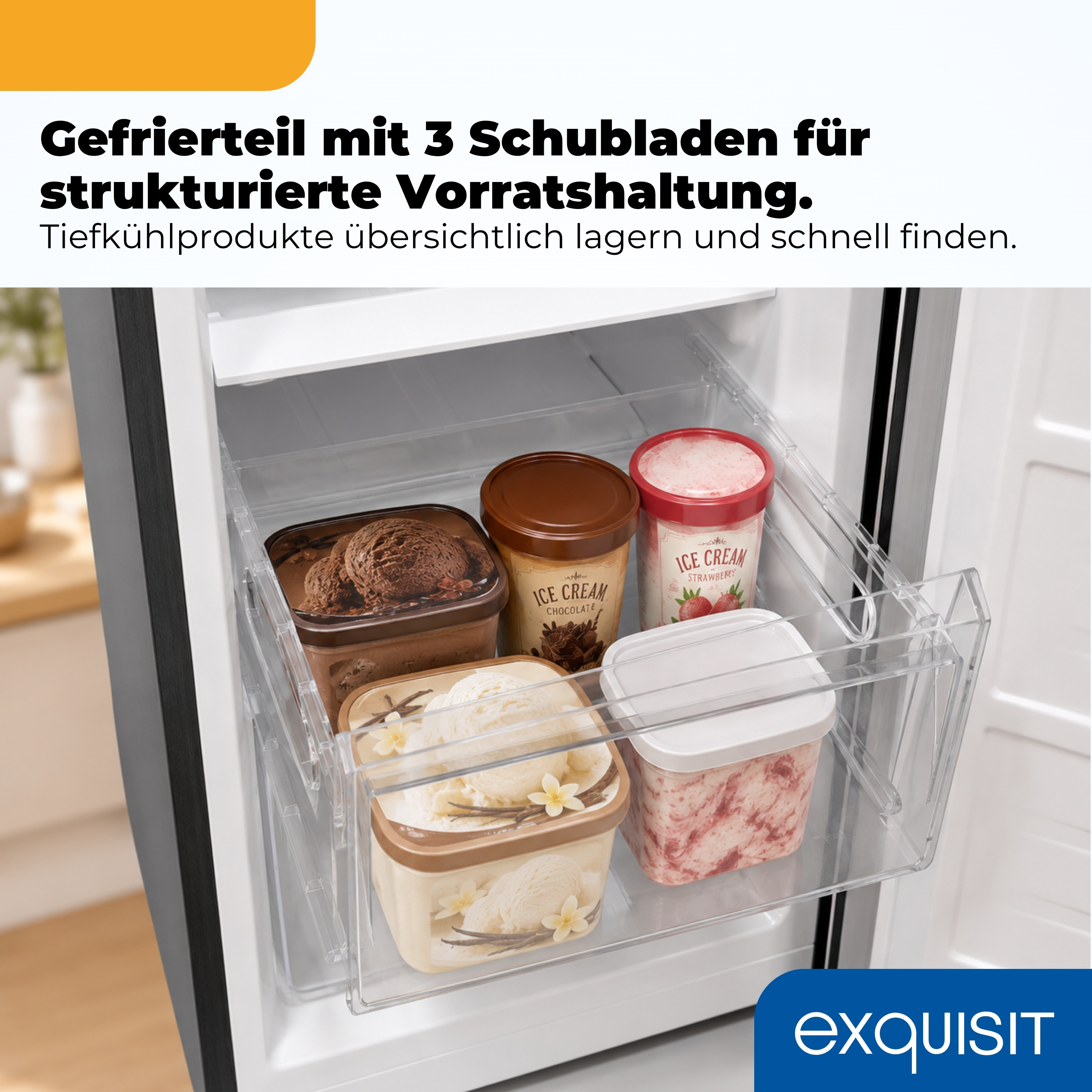 Gefrierschubladen mit Eiscreme-Behältern und dem Logo 'exquisit'.
