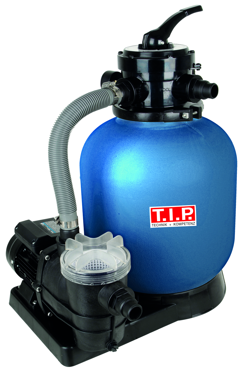 Ein blauer Poolfiltertank mit schwarzer Pumpe und Schlauch, Marke T.I.P.