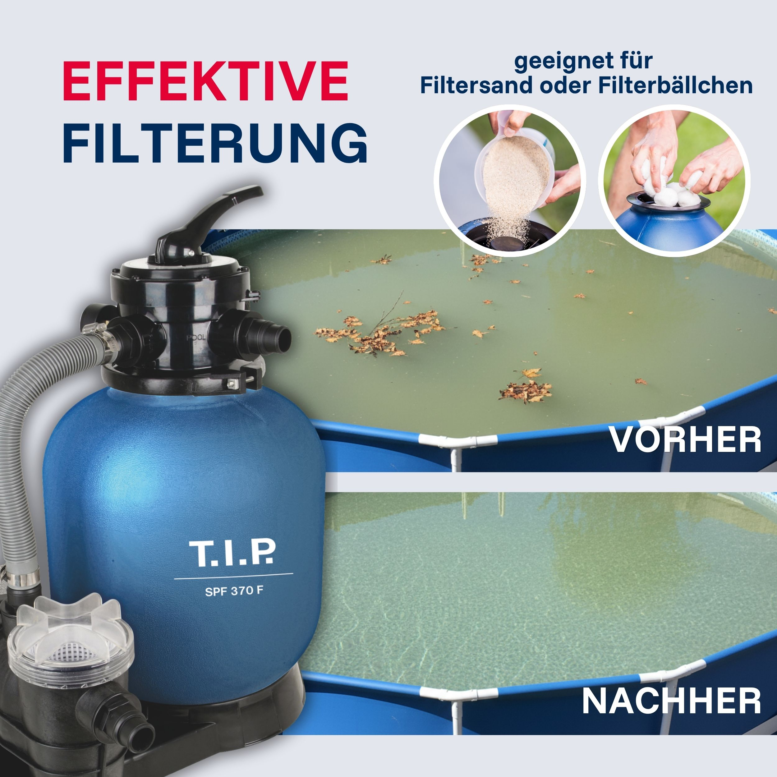 Blauer Poolfilter vor und nach der Reinigung mit Sand oder Filterbällen.