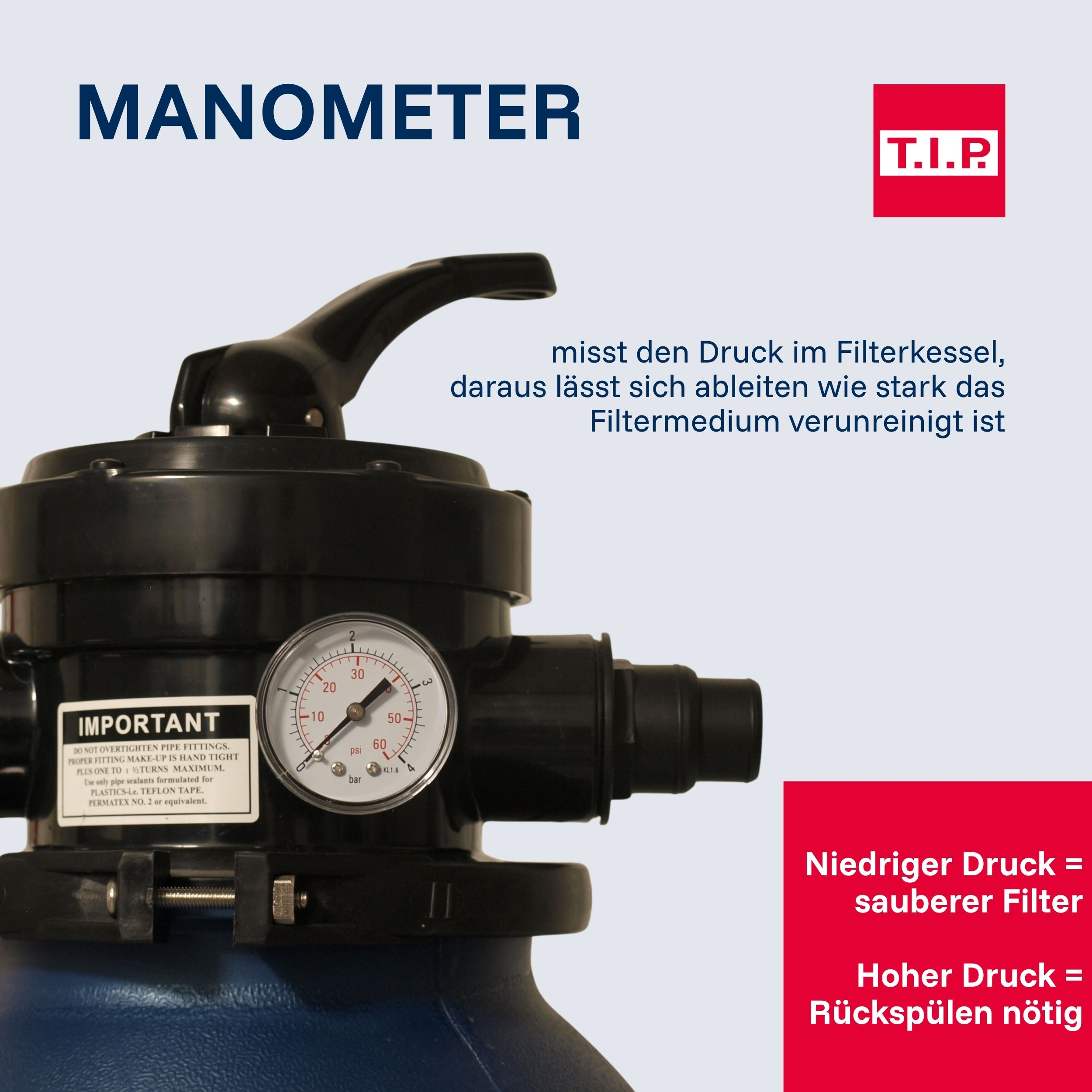 Ein Manometer an einem schwarzen Filterkessel zeigt den Druck an.