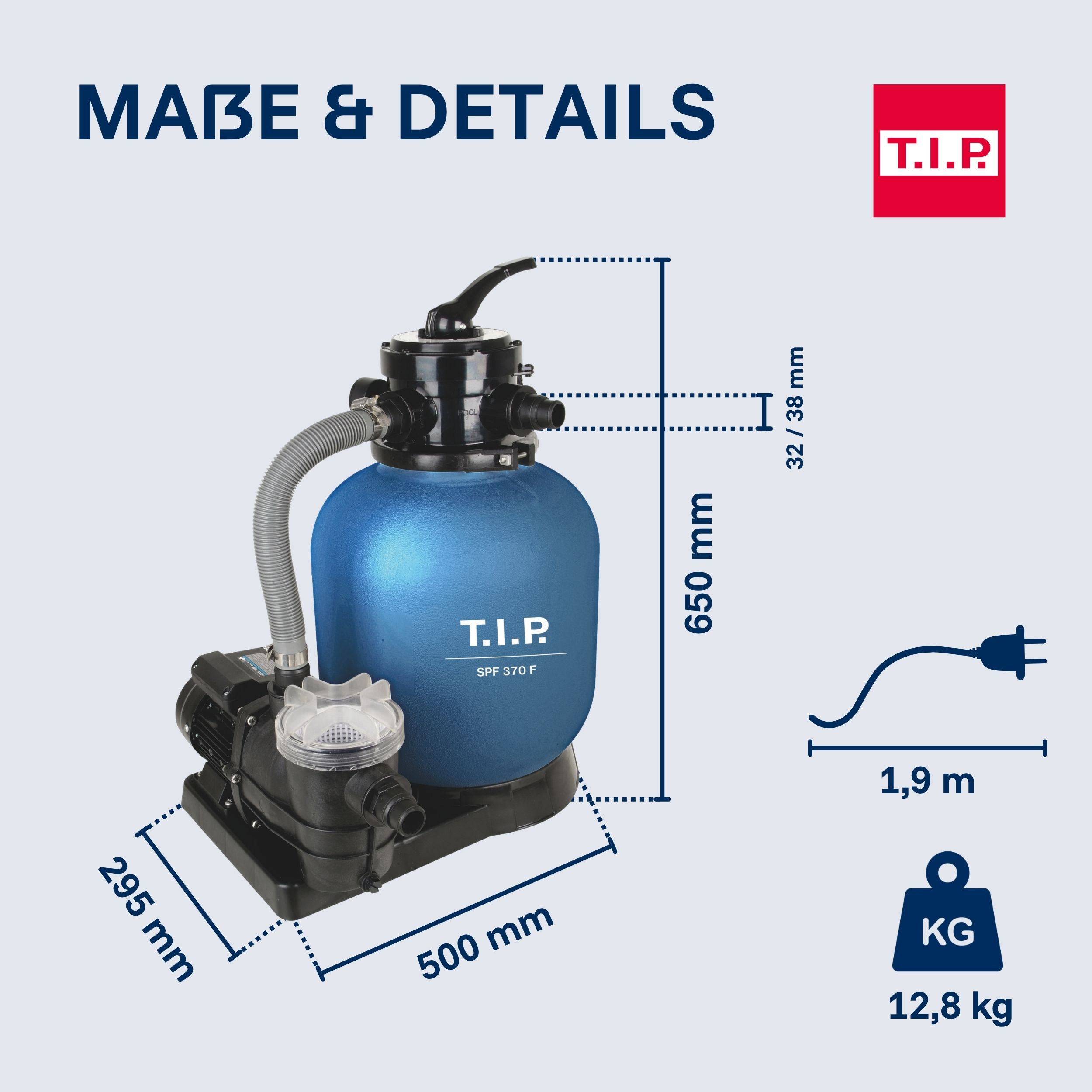 Blaue Sandfilterpumpe mit Maßen: 650 mm H, 500 mm B, 295 mm T. Gewicht 12,8 kg.