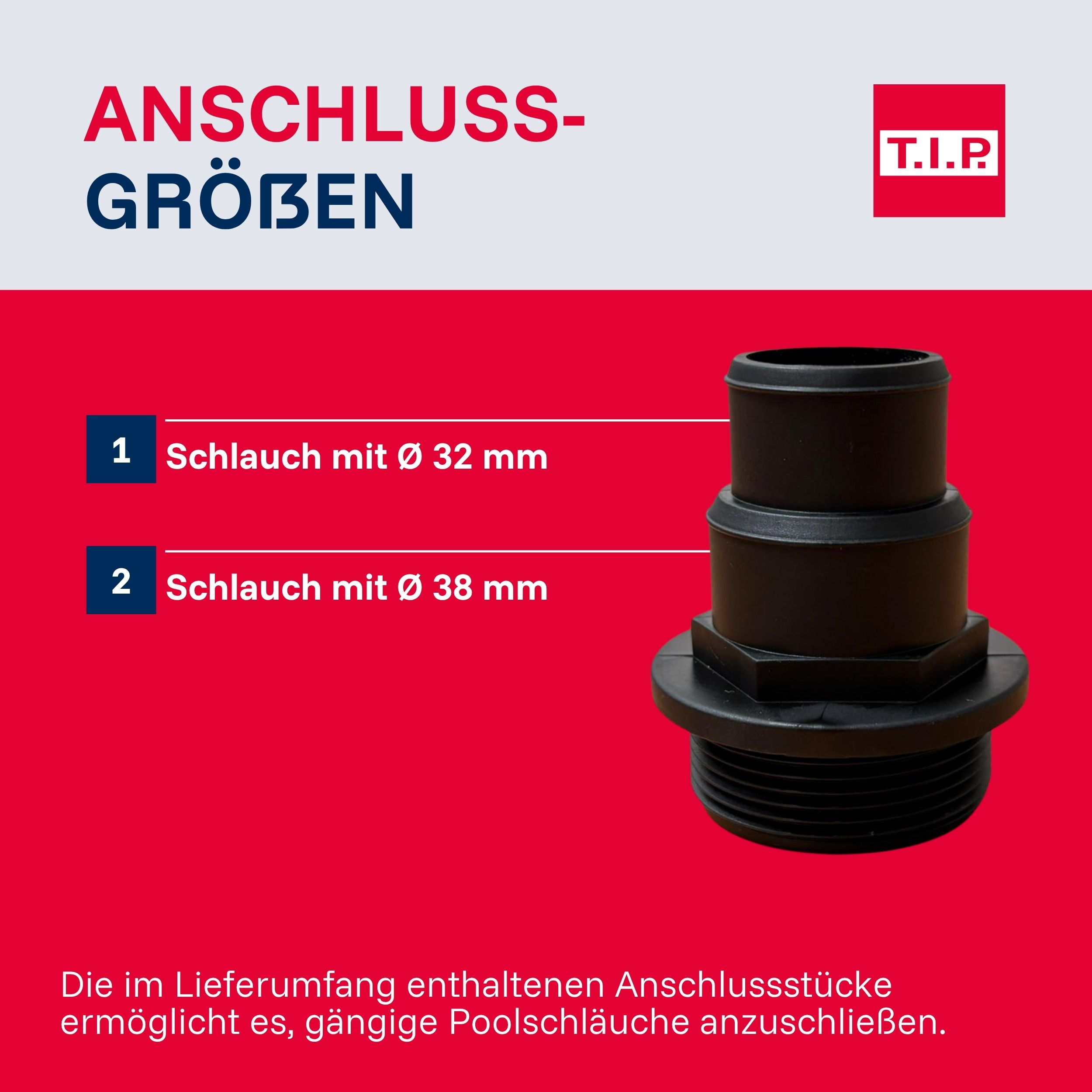 Schwarzer Schlauchadapter mit Gewinde für 32mm und 38mm Schläuche.
