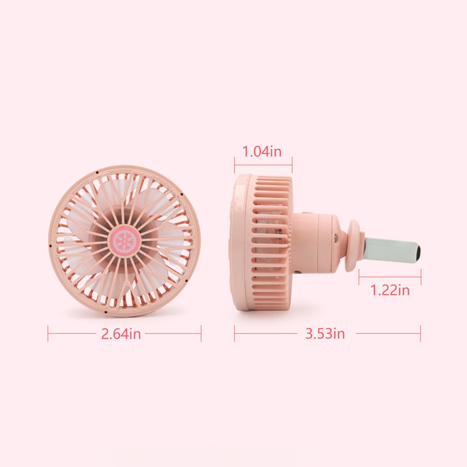 Ein rosafarbener Mini-Ventilator mit Maßangaben auf rosa Hintergrund.