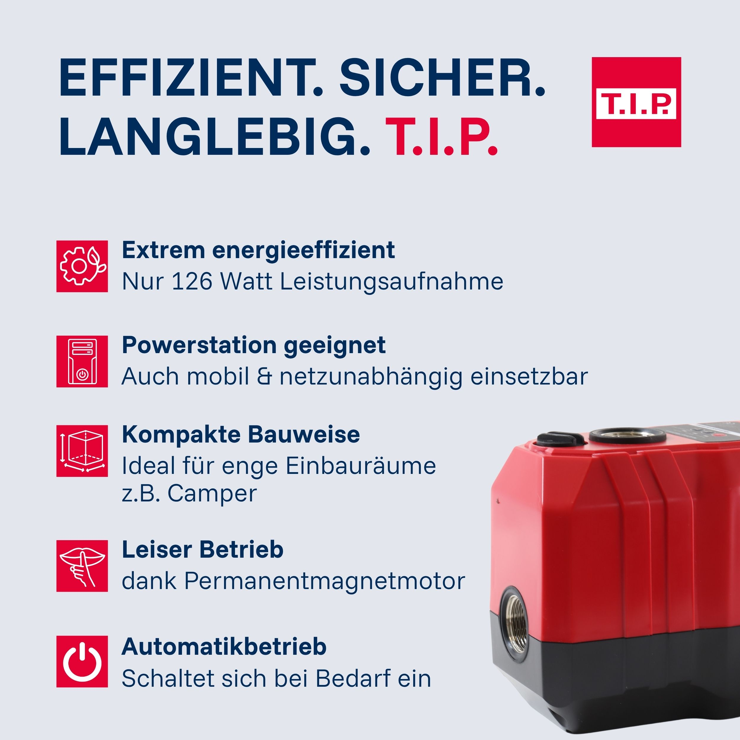 Rede Pumpe mit Symbolen und Text. Effizient, sicher, langlebig.