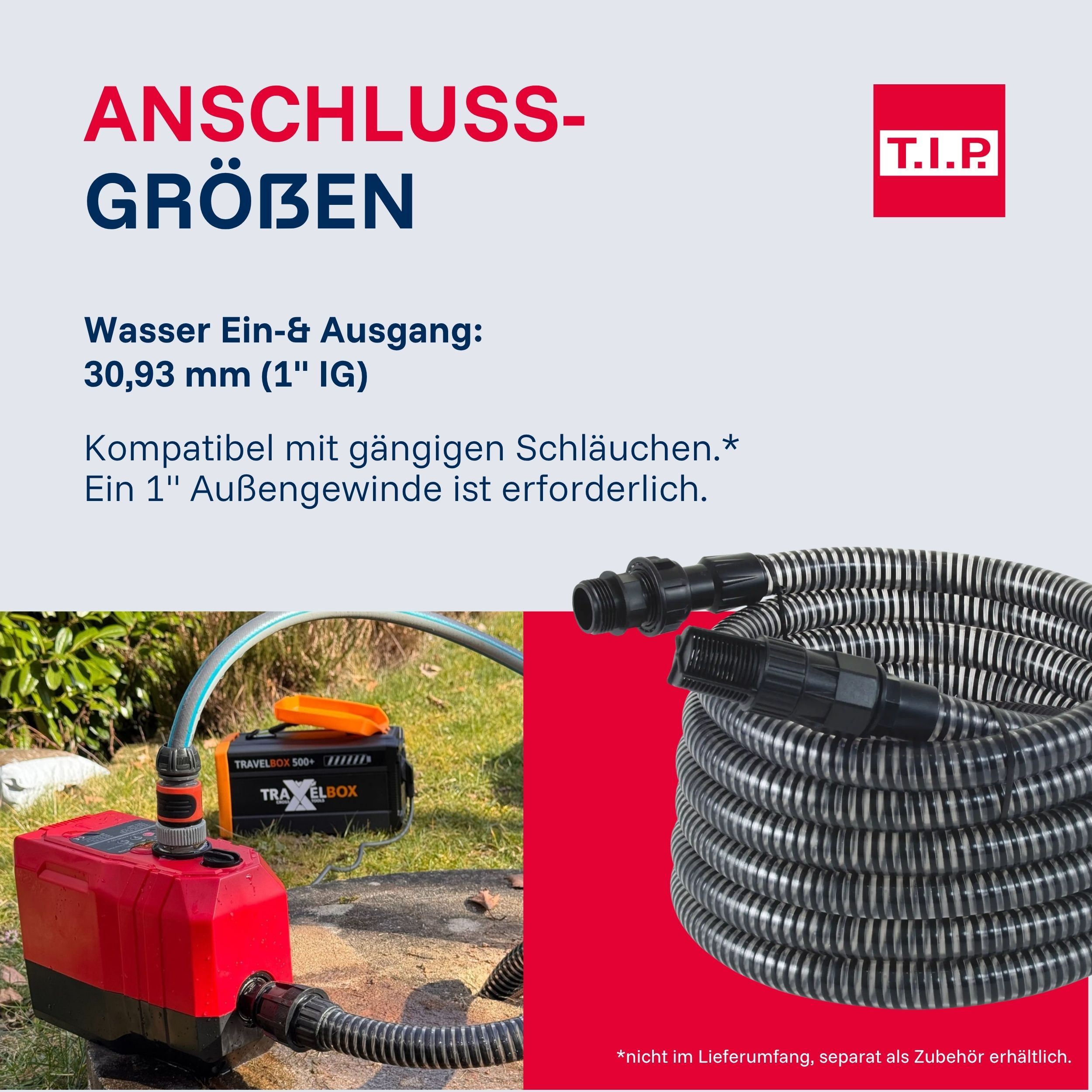 Rote Pumpe mit Schlauchanschluss, daneben eine Spule Schlauch.