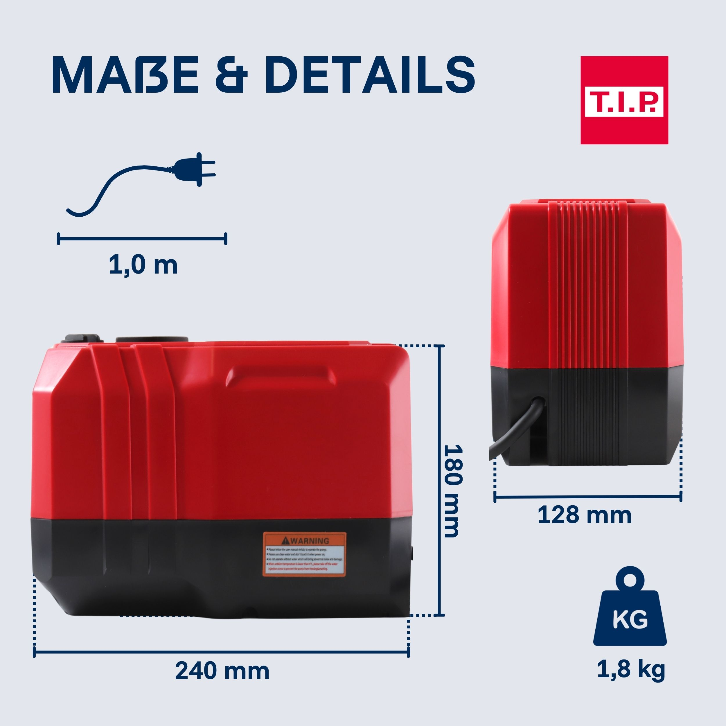 Rote und schwarze Pumpe mit Maßen: 240x128x180mm, 1m Kabel, 1,8kg.