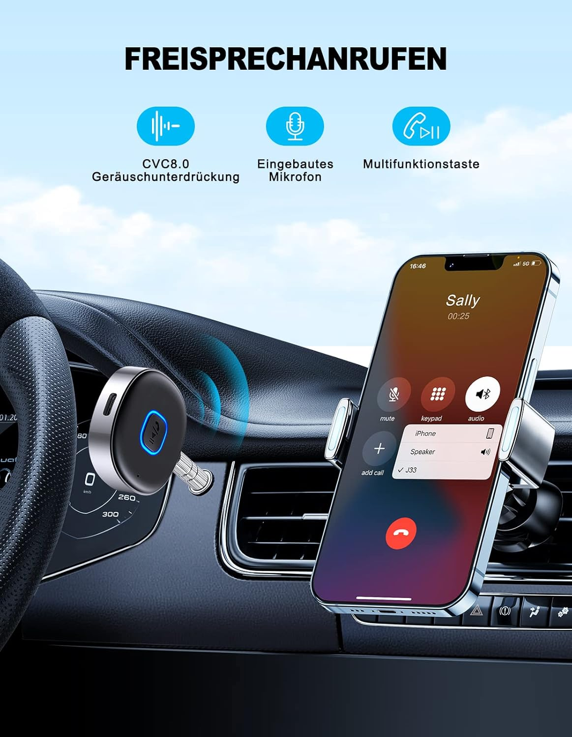 Armaturenbrett mit Anrufbildschirm. Bluetooth-Gerät an Lüftung, Telefon zeigt Anruf an Sally.