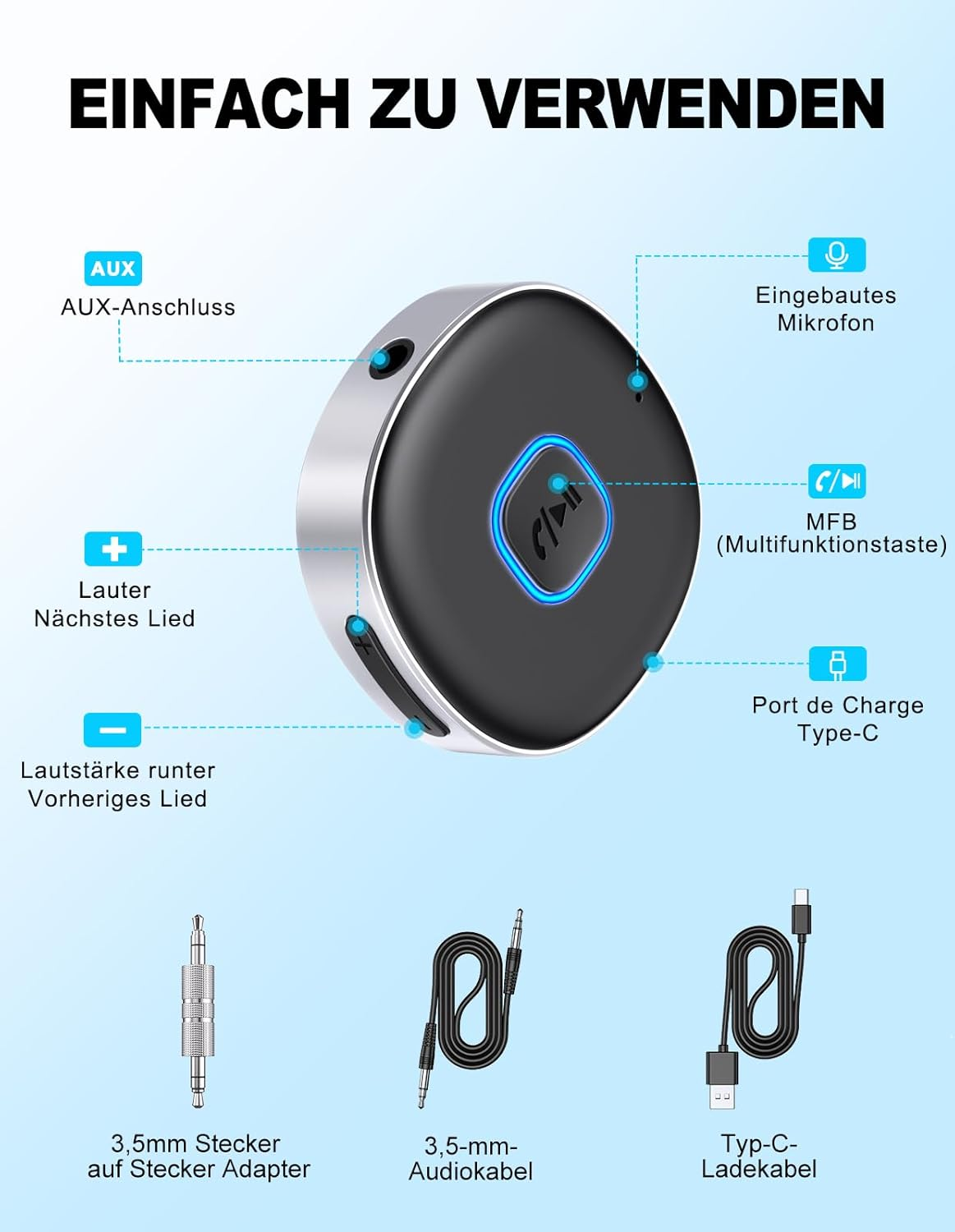 Ein schwarzer Bluetooth-Empfänger mit silbernem Rand und Beschriftungen für Anschlüsse und Tasten.