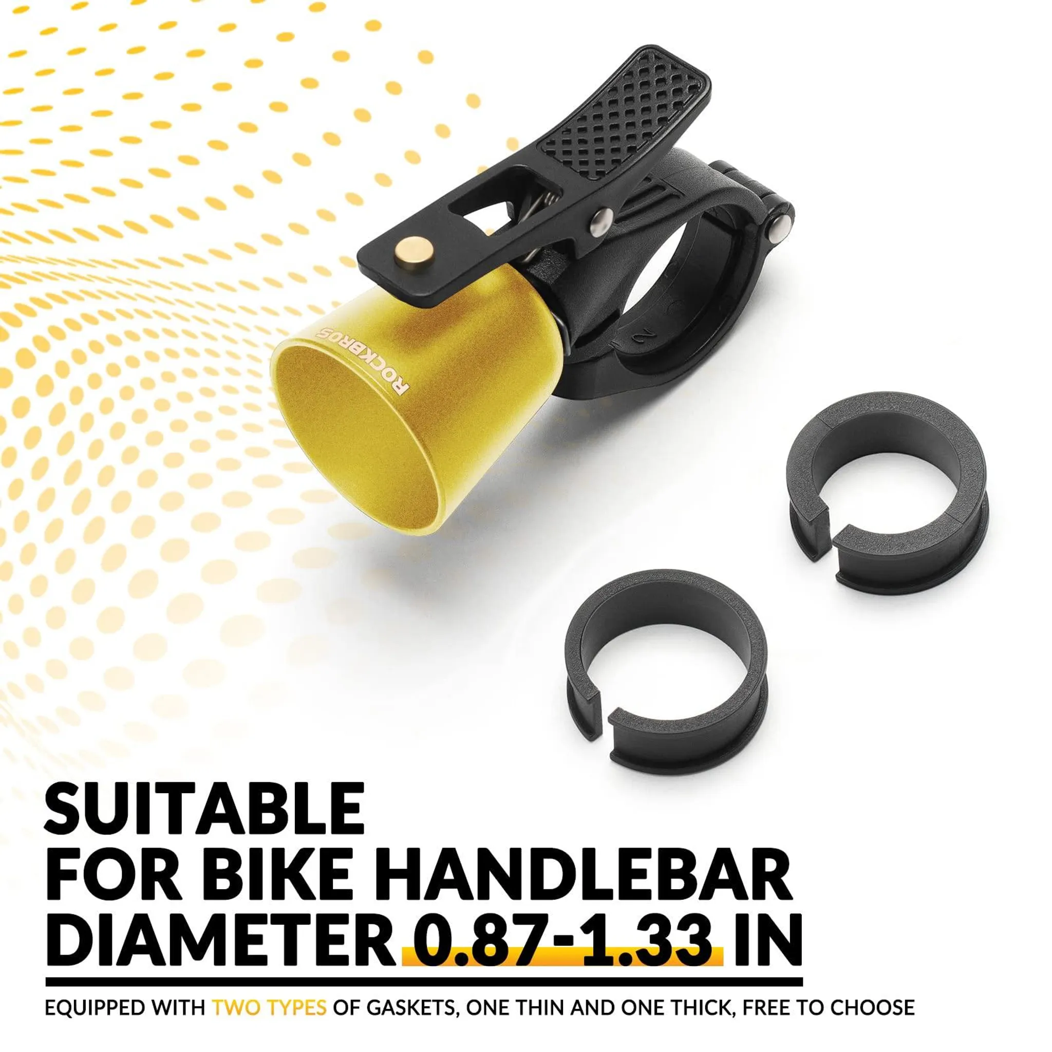 Goldener Fahrradklingel-Befestigungsmechanismus mit schwarzen Dichtungen.