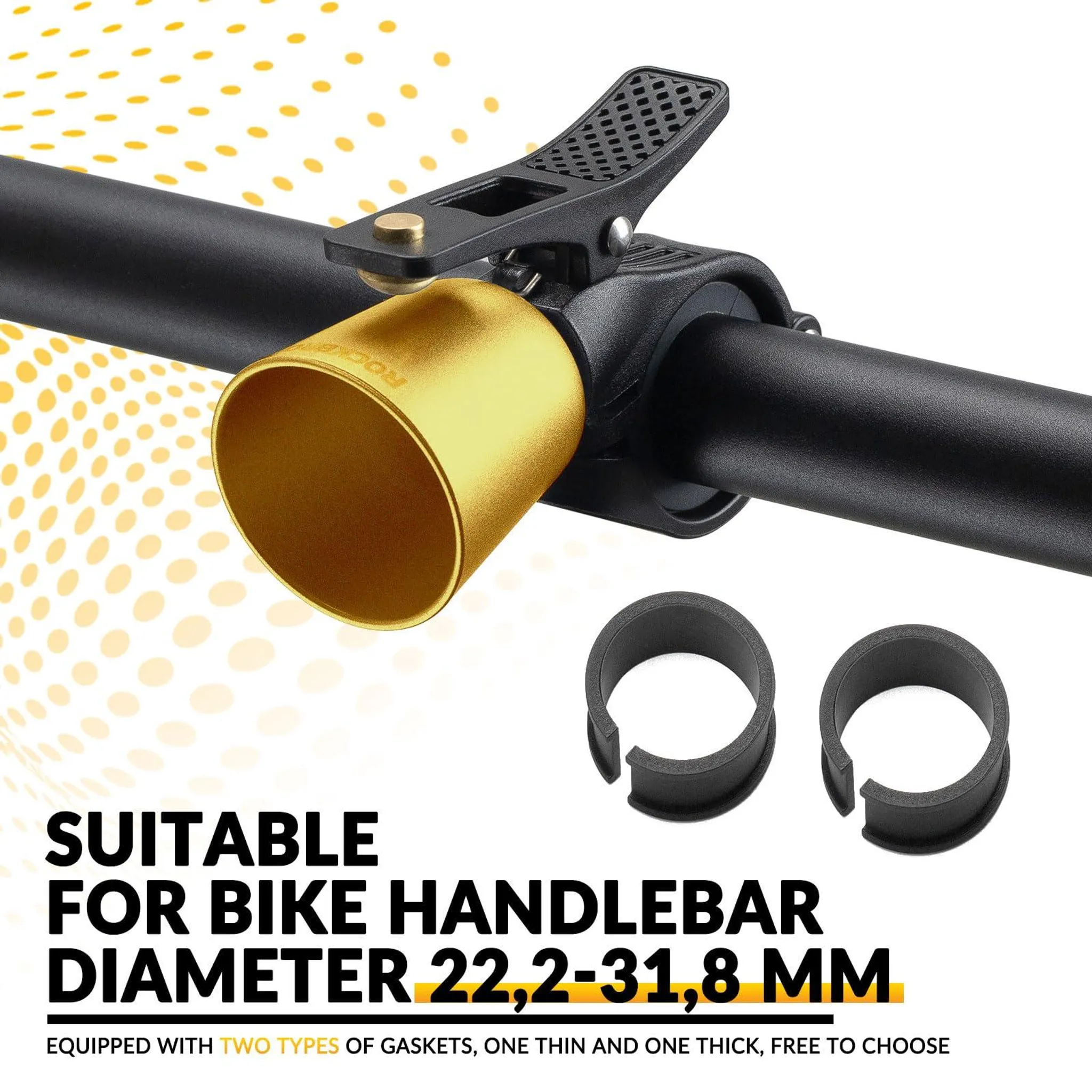 Goldener Fahrradlenker-Adapter mit schwarzem Klemmen und zwei Dichtungen.