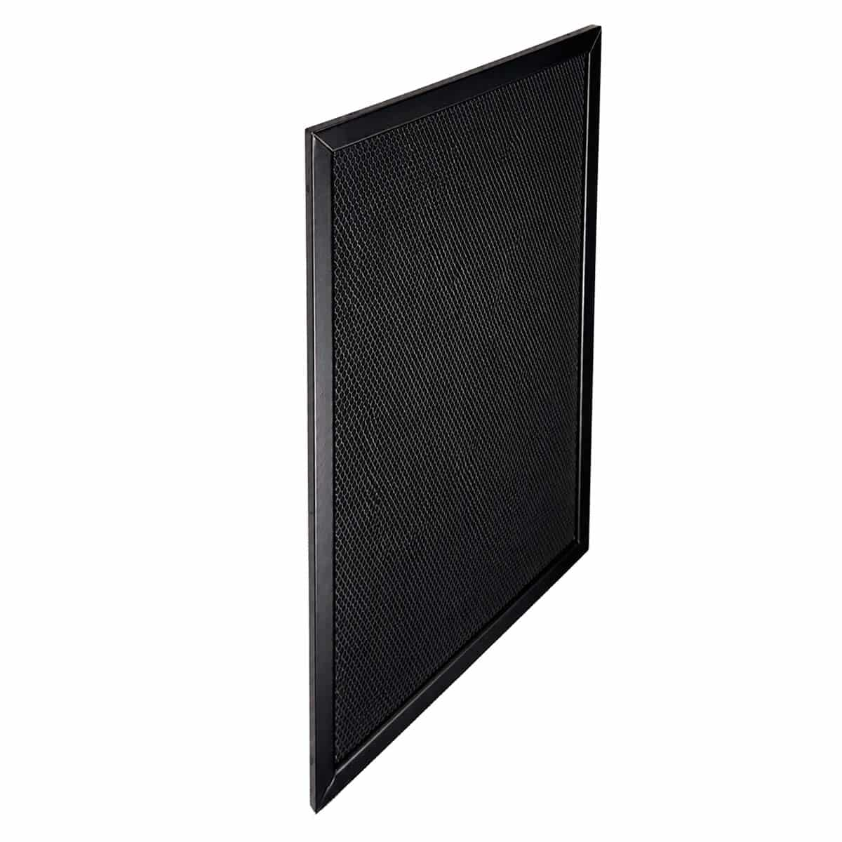 Ein schwarzer rechteckiger Metallrahmen mit einem Gittermuster im Inneren.