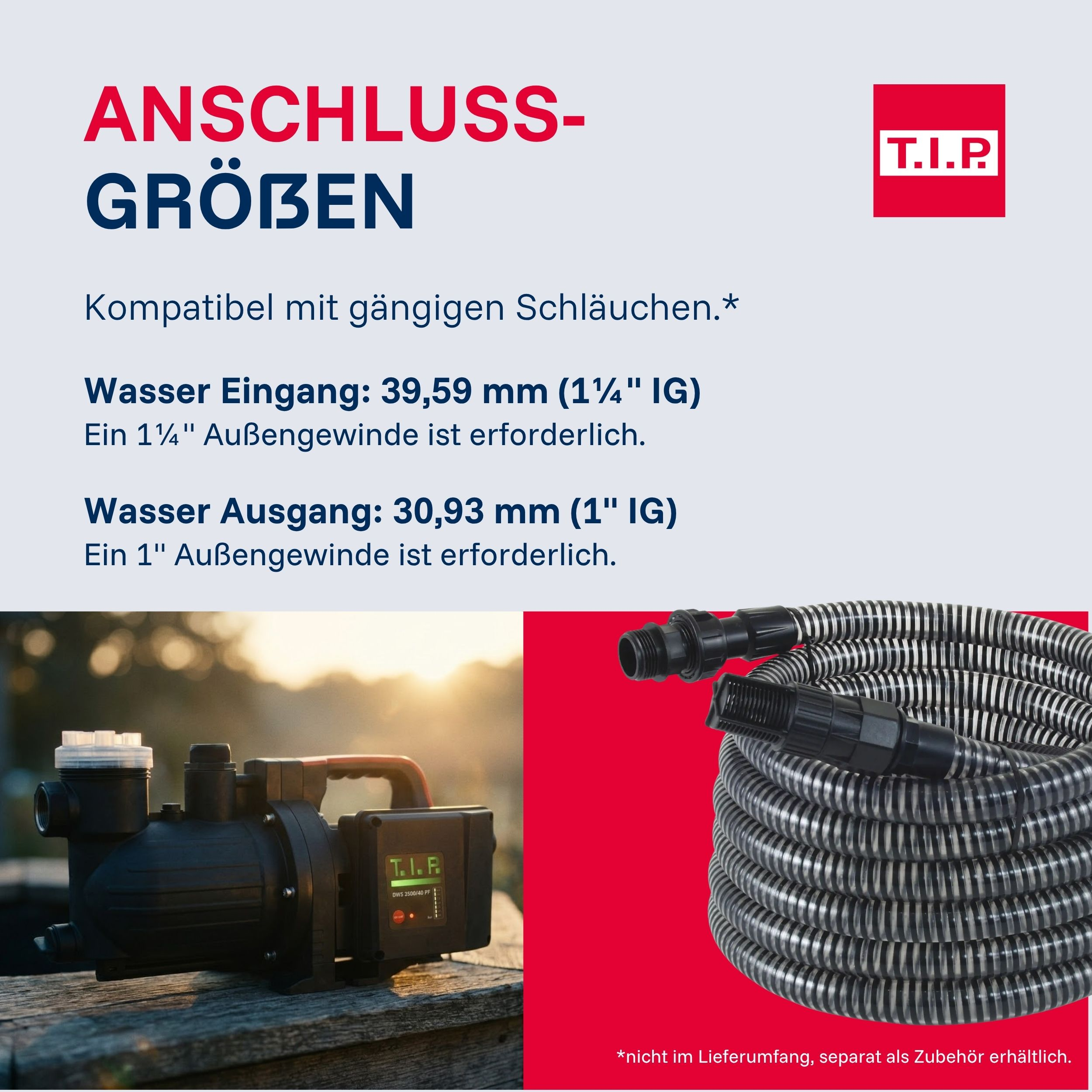 Anschlussgrößen: Wasser Ein-/Ausgang, Pumpe und Schlauch.
