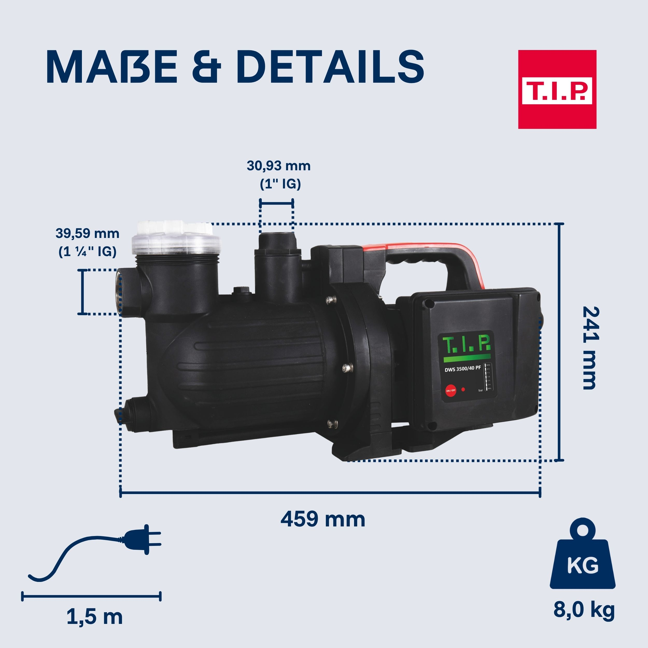 Schwarze Pumpe mit Maßen: 459x241 mm, 8kg, 1,5m Kabel.