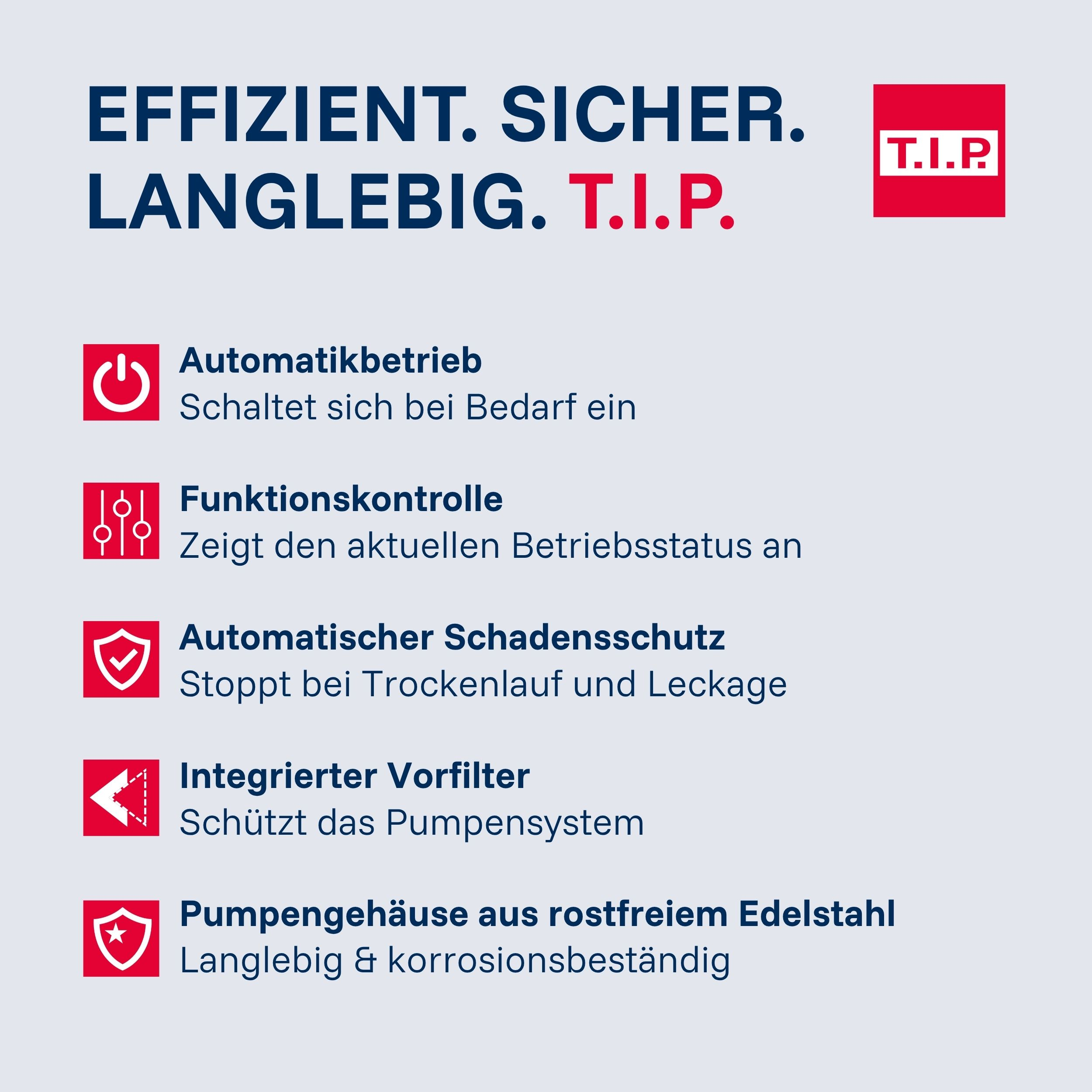 Effizient, sicher, langlebig. T.I.P. mit Symbolen für Automatik, Kontrolle, Schutz.