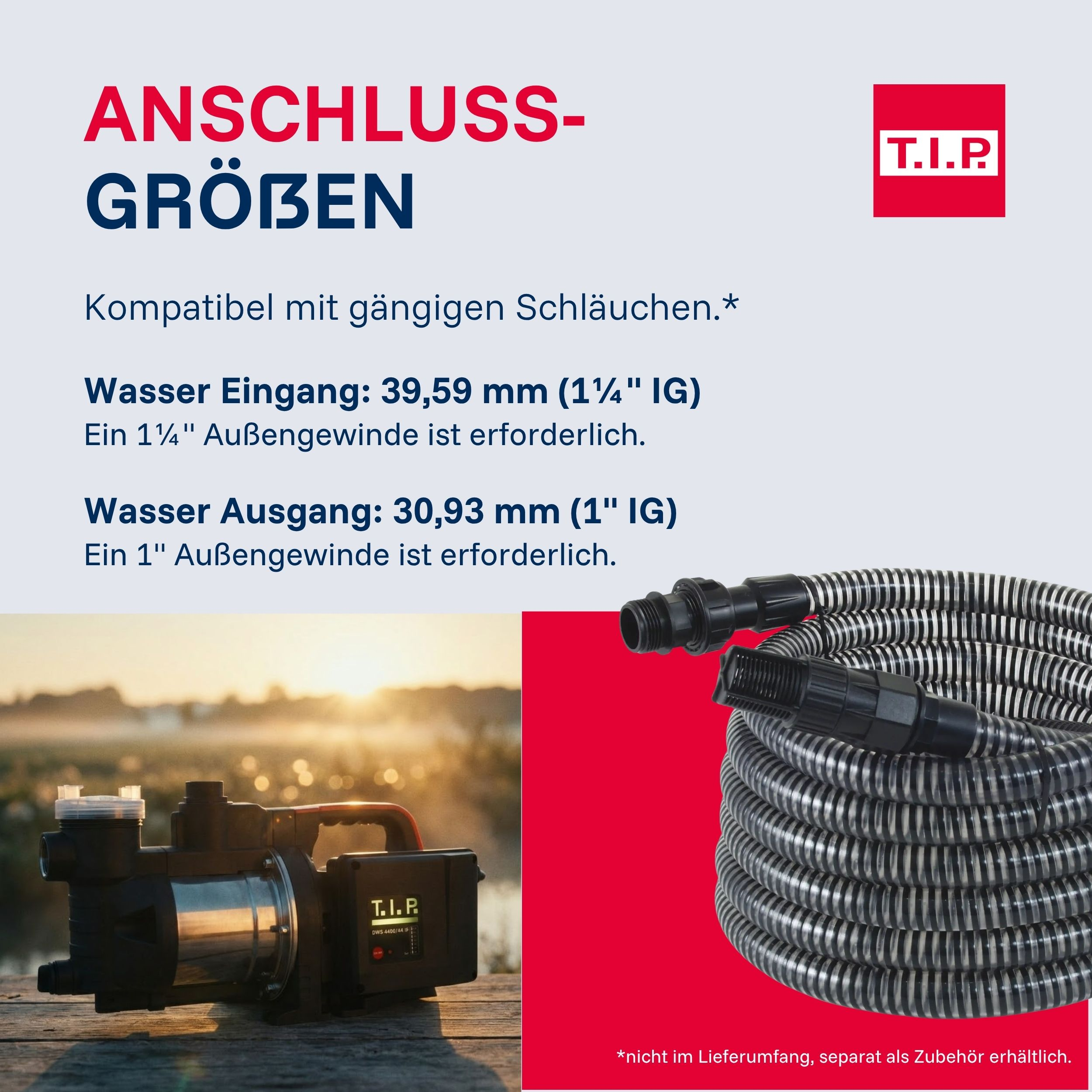 Wasserpumpe mit Schlauch und Anschlussgrößen-Angaben.