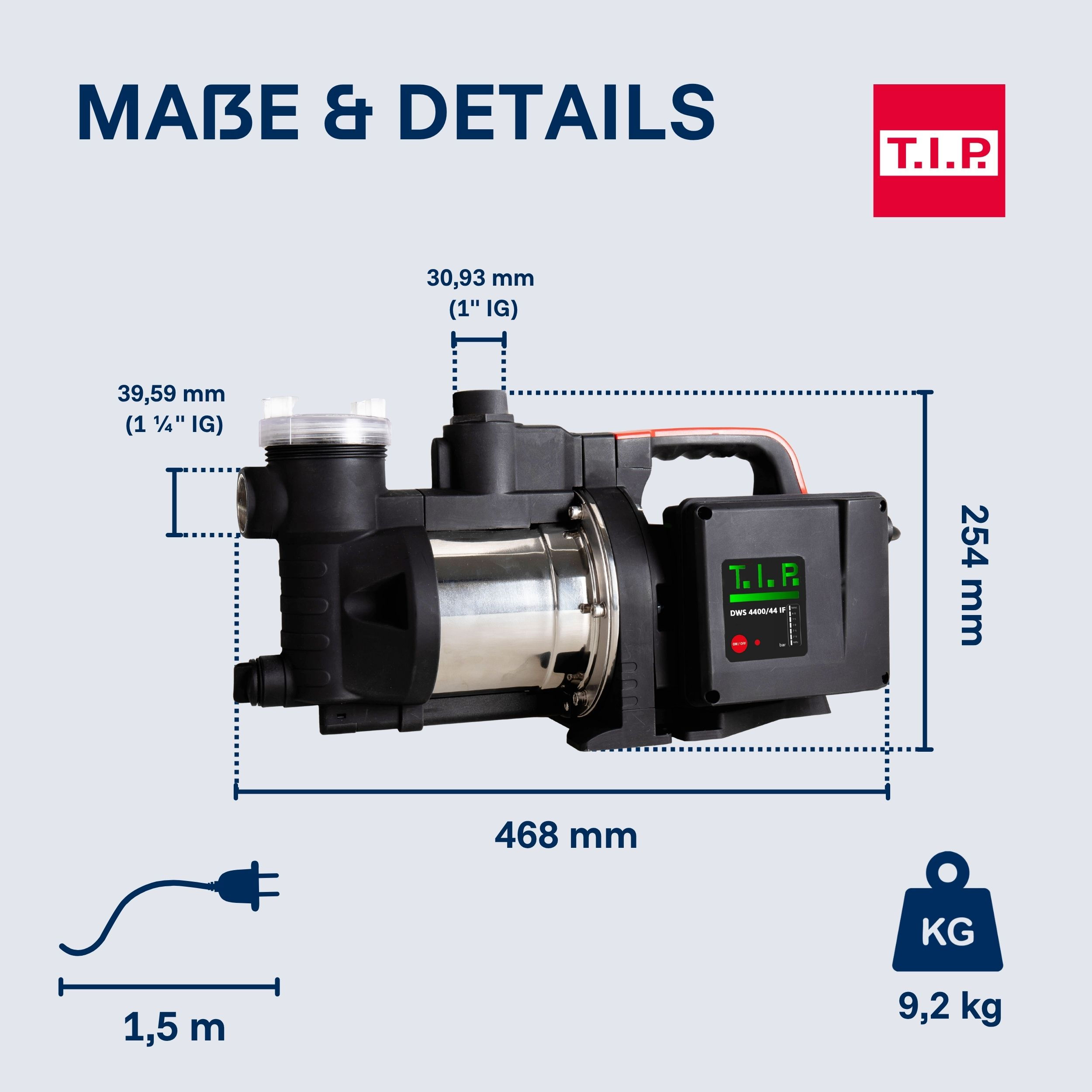Schwarzer Wasserpumpen-Motor mit Maßen und Gewicht. 468mm lang, 254mm hoch, 9,2 kg.