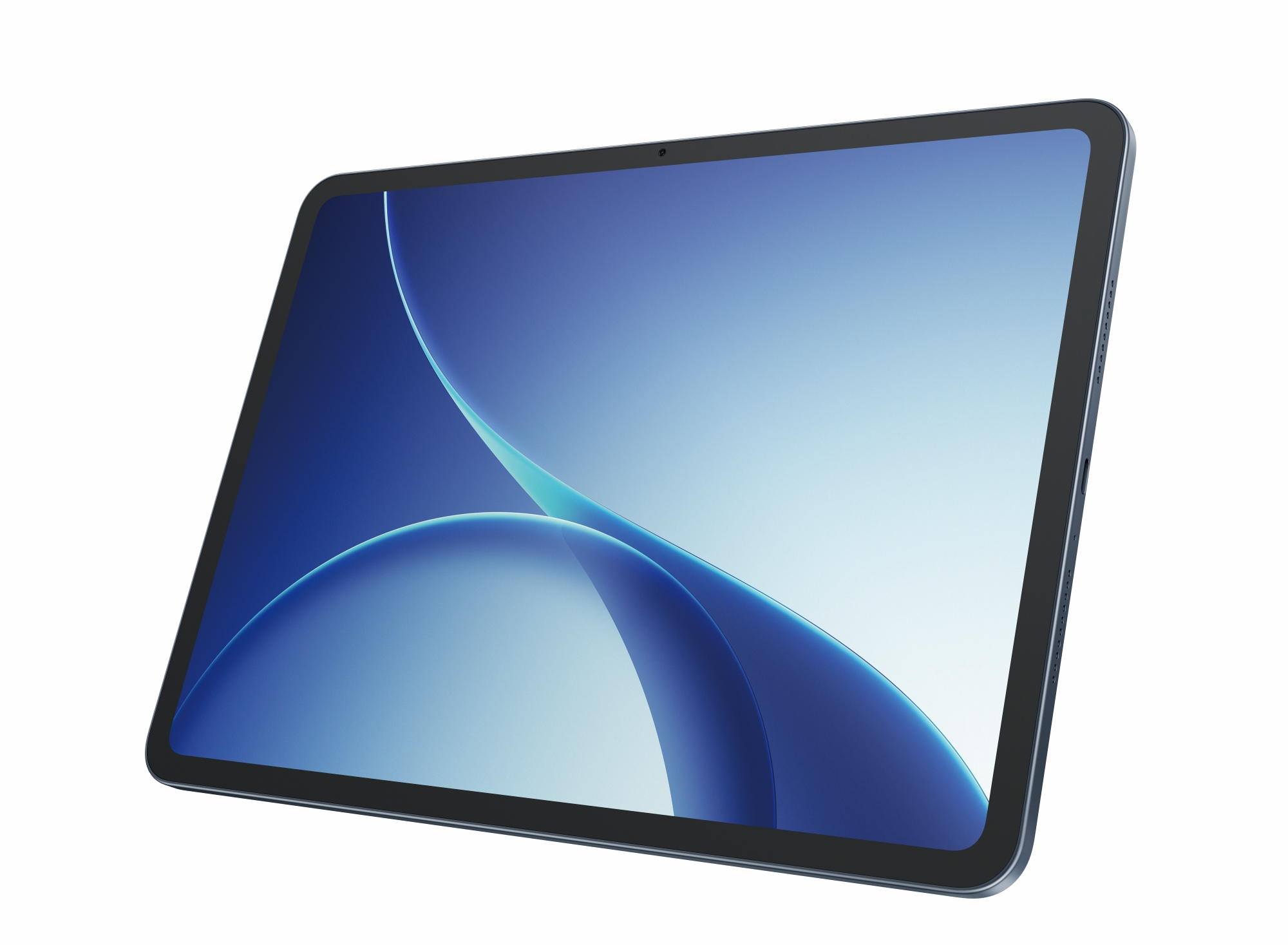 Ein dunkles Tablet mit blauem Hintergrund auf weißem Grund.