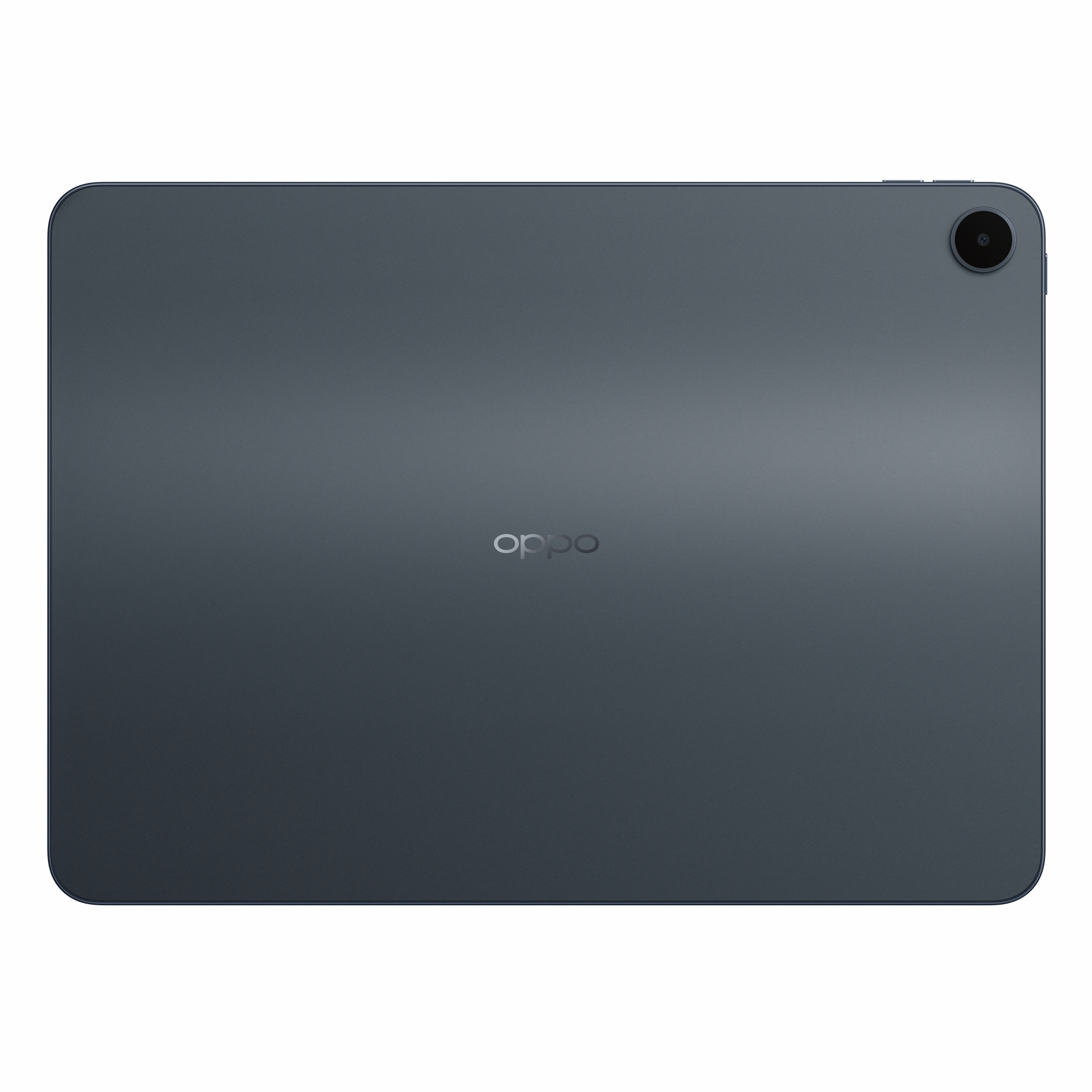 Rückseite eines grauen Oppo-Tablets mit Kameraobjektiv und Logo.