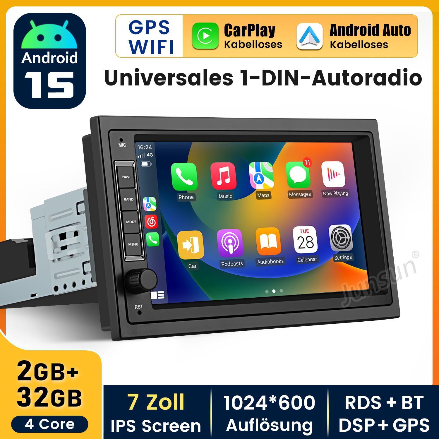 Radio samochodowe z Androidem 15, ekranem dotykowym, GPS, WiFi, CarPlay, Android Auto.