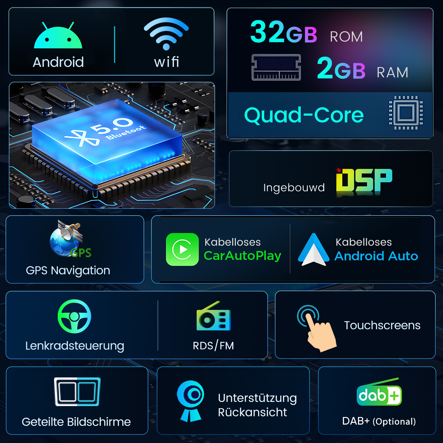 Ekran z Androidem, WiFi, Bluetooth, 32GB ROM, 2GB RAM, Quad-Core, DSP, GPS, Carplay, Android Auto, Sterowanie Kierownicą, RDS/FM, Ekrany Dotykowe, Podwójny Ekran, Widok Tylny, DAB+