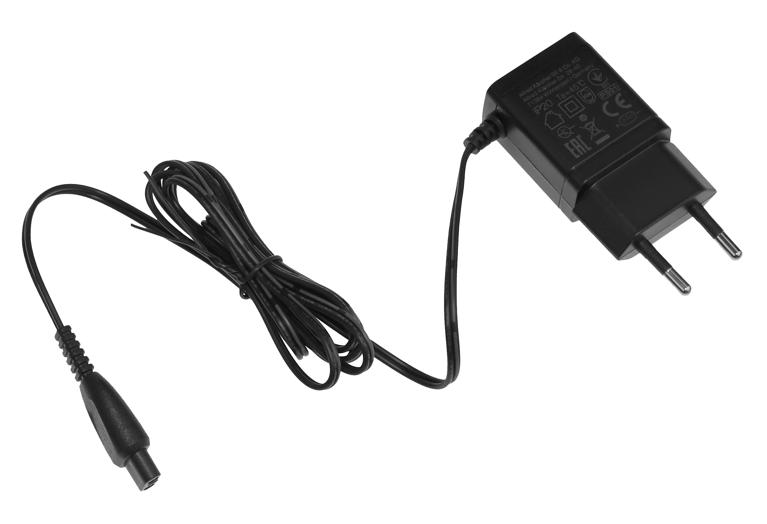 Schwarzes Netzteil mit Kabel und Stecker.