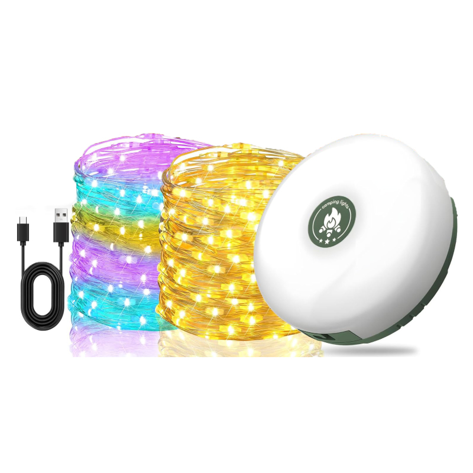 USB-Kabel, bunte Lichterketten und eine weiße Lampe mit Logo.