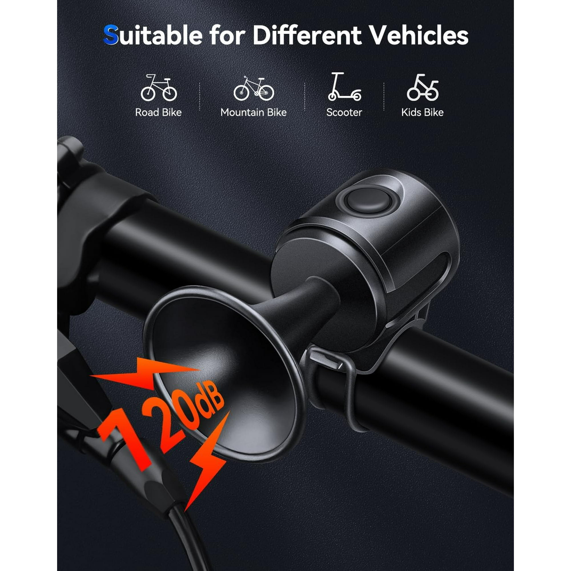 Schwarzer Fahrrad-Hupenaufsatz auf Lenker mit 120dB-Symbol.
