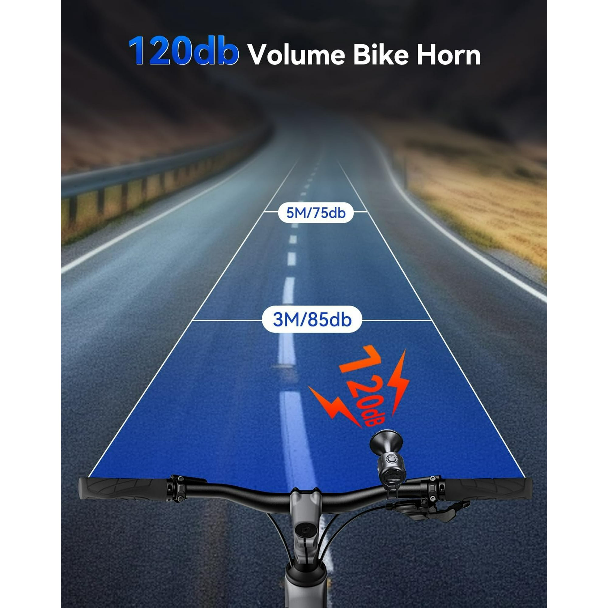 Fahrradlenker auf einer Straße mit einer blauen Überlagerung, die die Reichweite des 120-dB-Horns angibt.