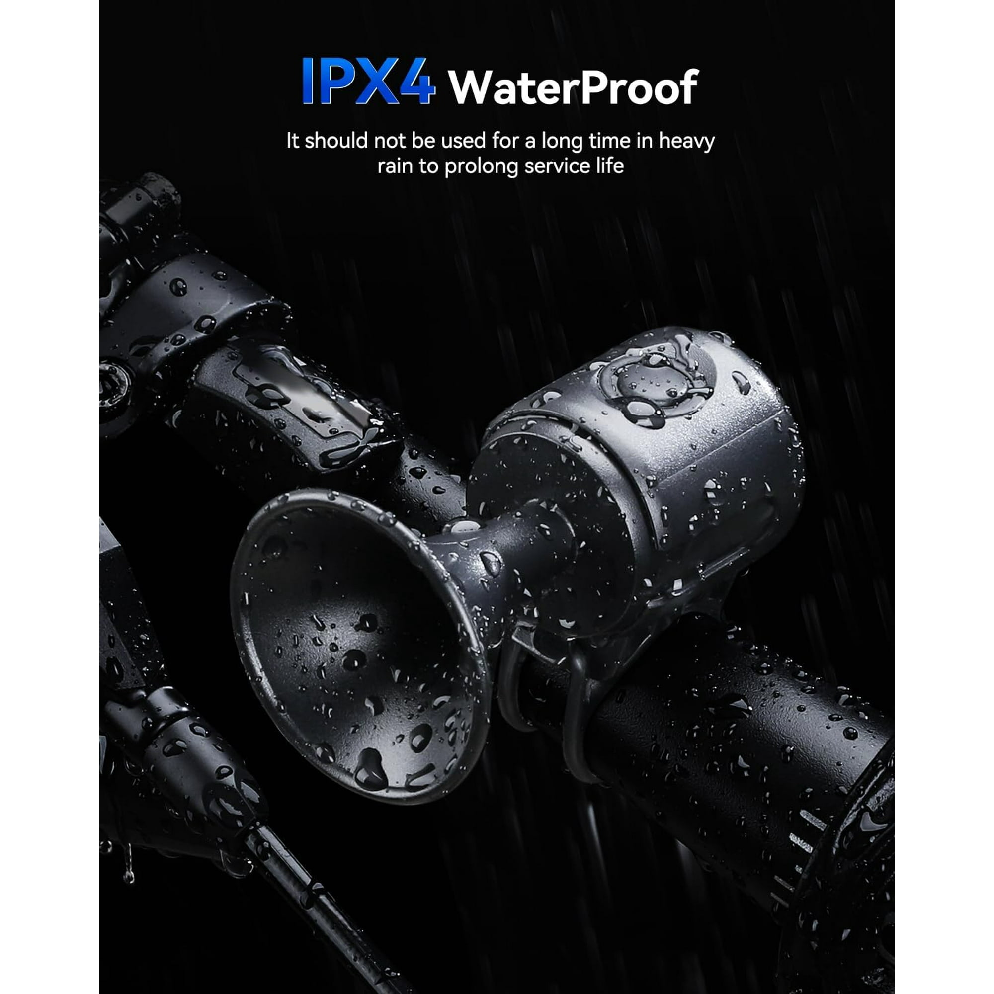 IPX4 wasserdichtes Fahrradlicht mit Wassertropfen auf schwarzem Hintergrund.