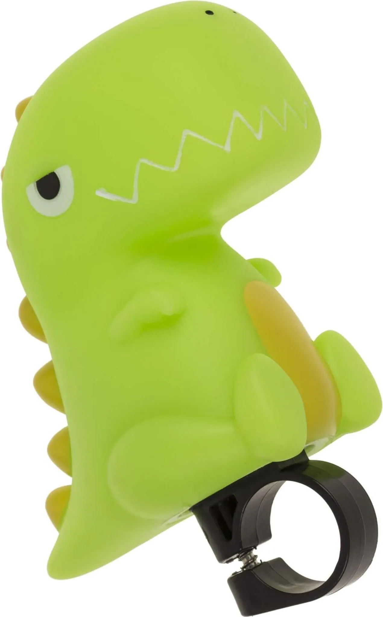 Grüner Dinosaurier-Anhänger mit gelben Akzenten und einem schwarzen Befestigungsring.