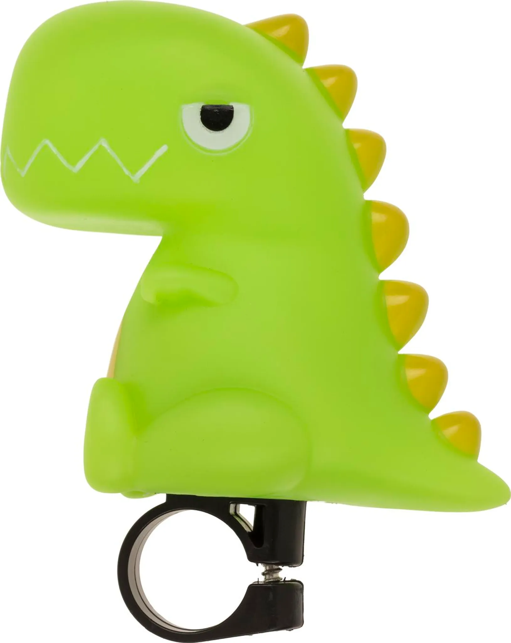 Grüner Dinosaurier-Fahrradklingel mit gelben Zacken und einem schwarzen Befestigungsring.
