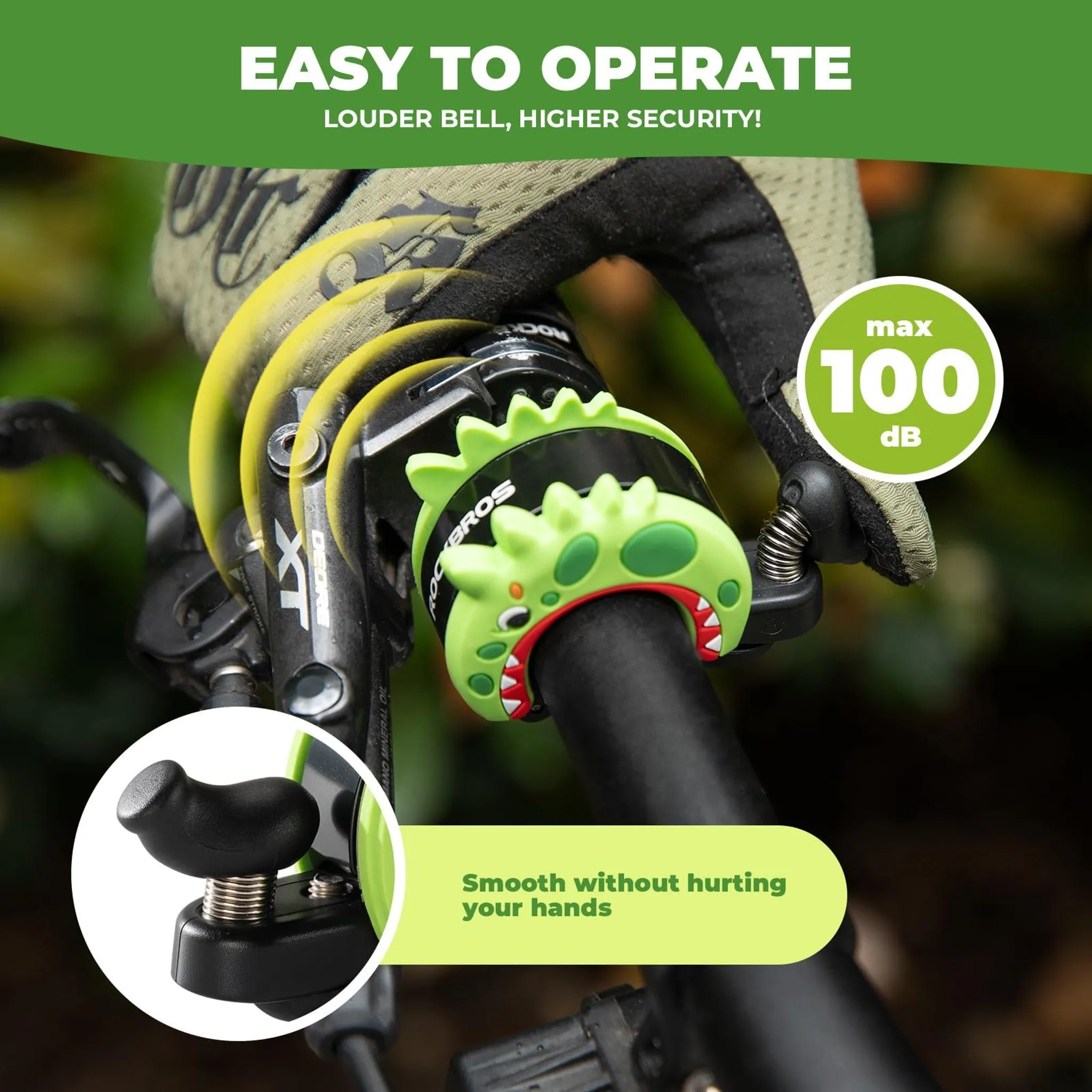 Grüner Dinosaurier-Fahrradklingel an Lenker, max. 100 dB, mit Text.