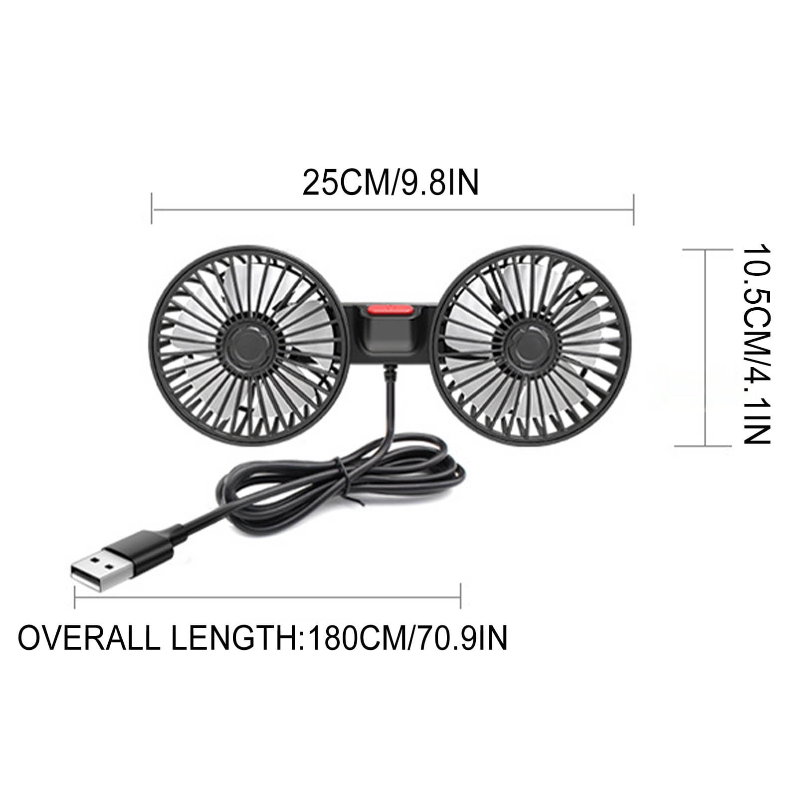 Ein schwarzer USB-Ventilator mit zwei Köpfen und einem langen Kabel.