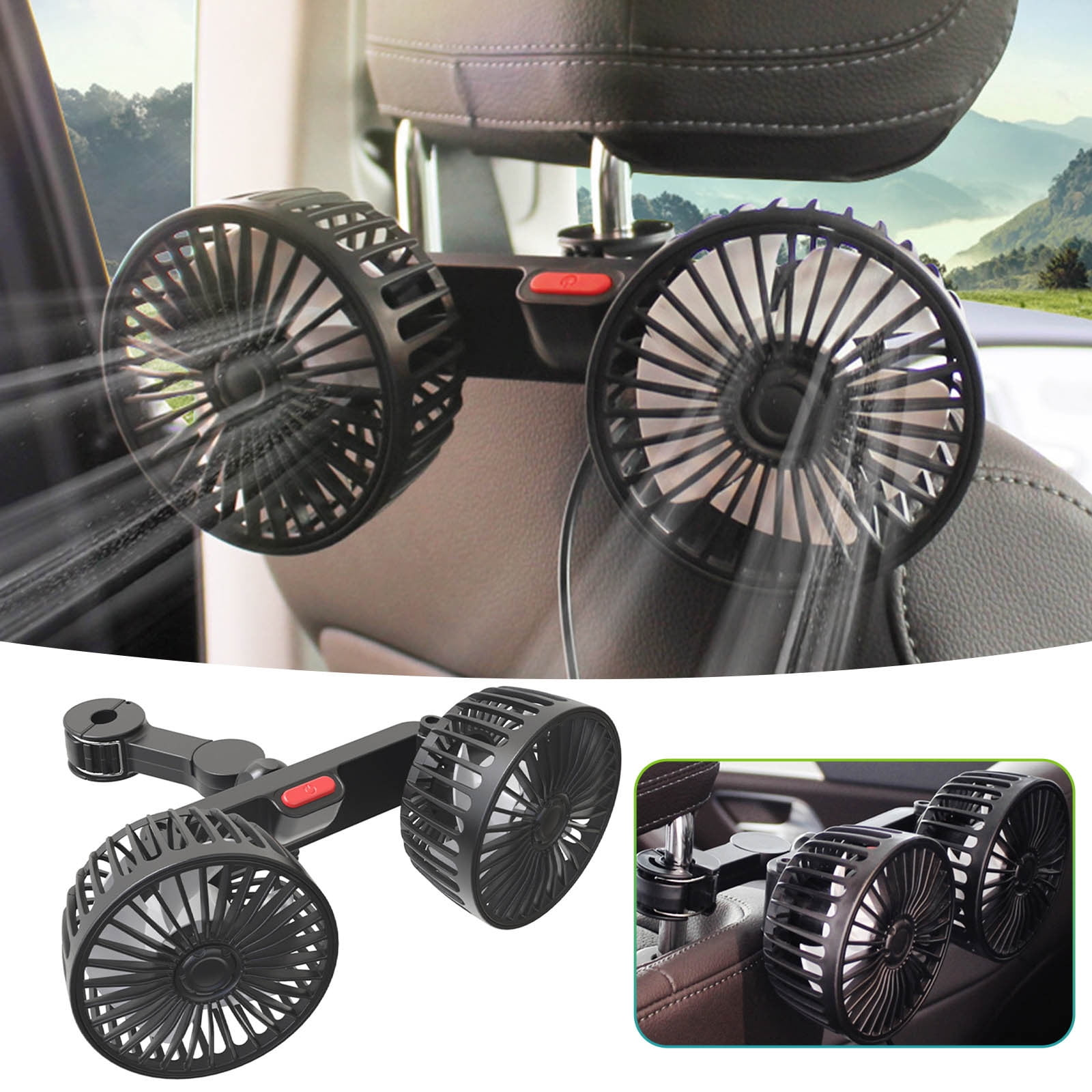 Zwei schwarze Lüfter, die an einer Autositzlehne befestigt sind, mit einem roten Einschaltknopf.