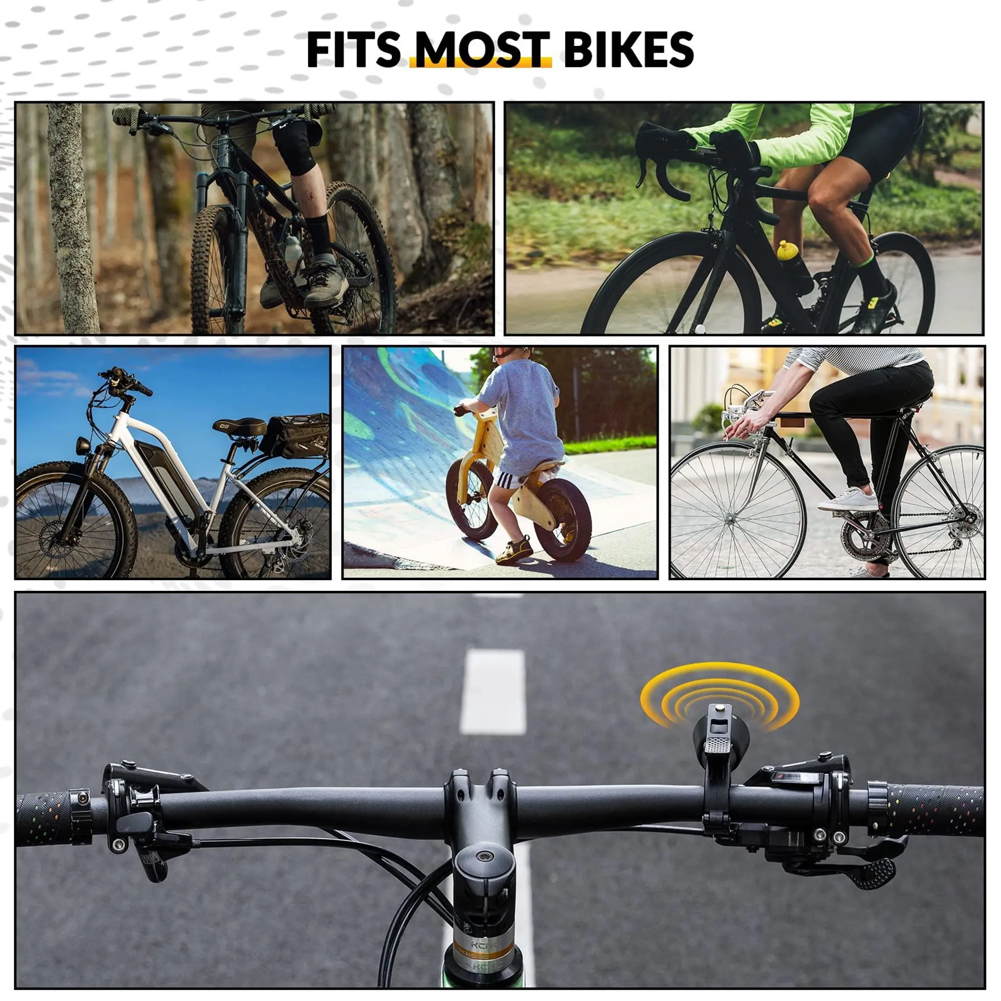 Collage zeigt verschiedene Fahrräder und Radfahrer, ein Rennrad, ein Mountainbike, ein E-Bike und ein Kind.