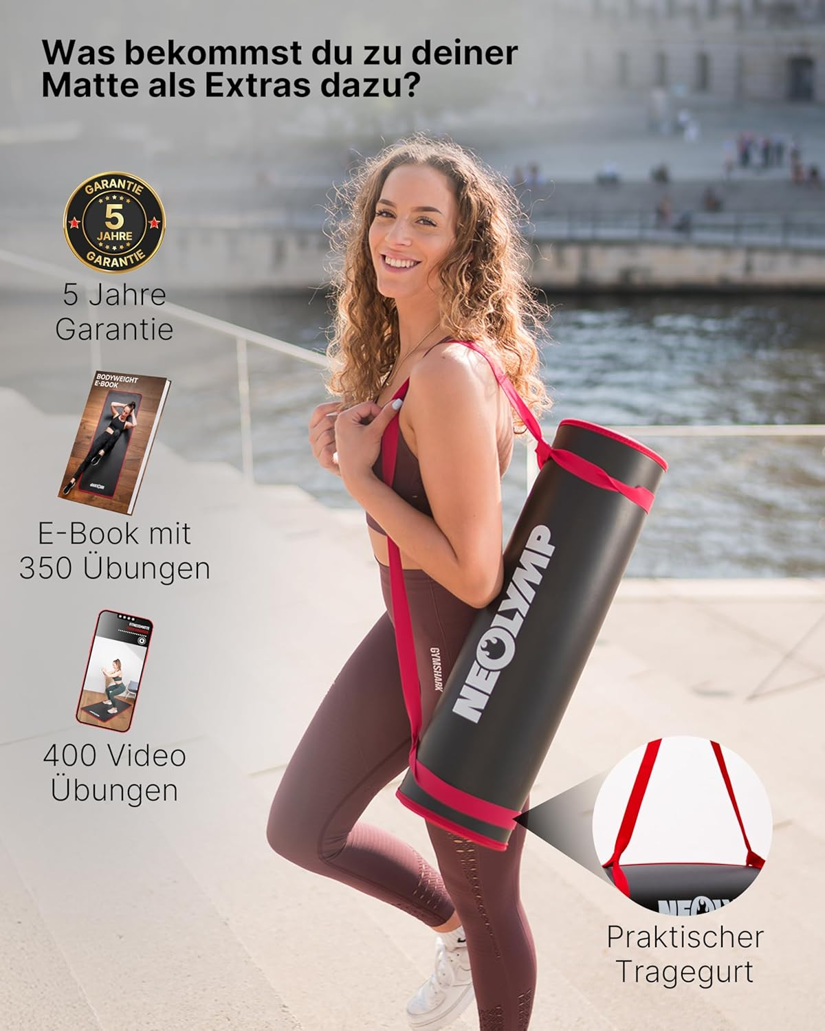 Frau mit Sportmatte und Extras: E-Book, 400 Videos, 5 Jahre Garantie.