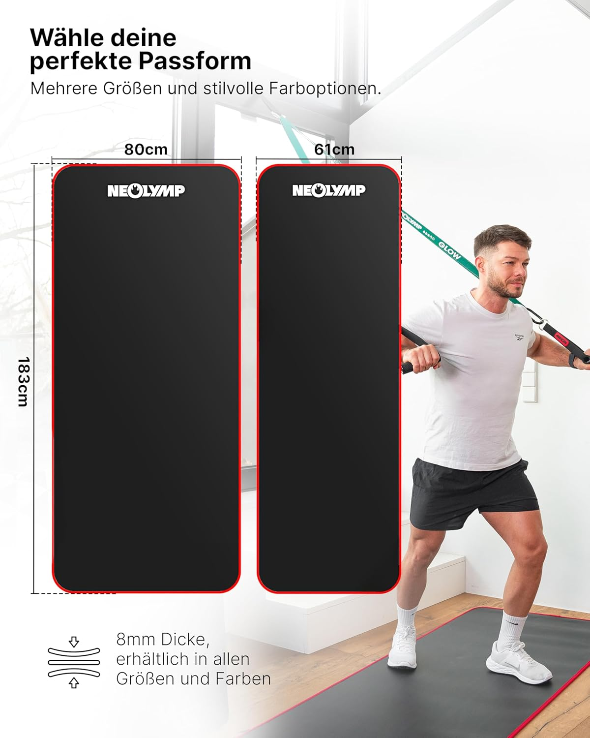 Zwei schwarze Yogamatten, eine 80cm und eine 61cm breit, 183cm lang.