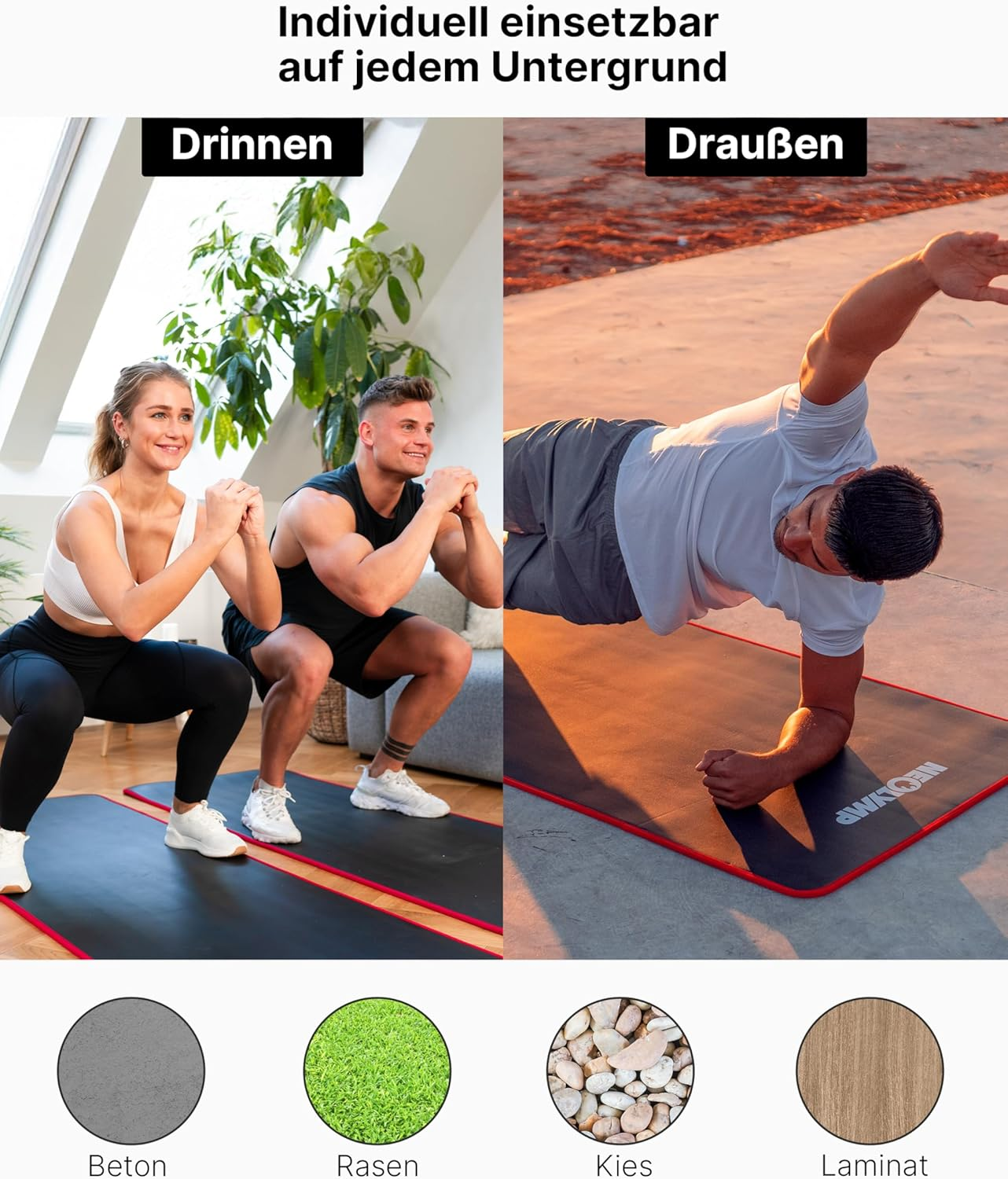 Paar macht Kniebeugen drinnen, Mann macht Plank draußen. Untergründe: Beton, Rasen, Kies, Laminat.