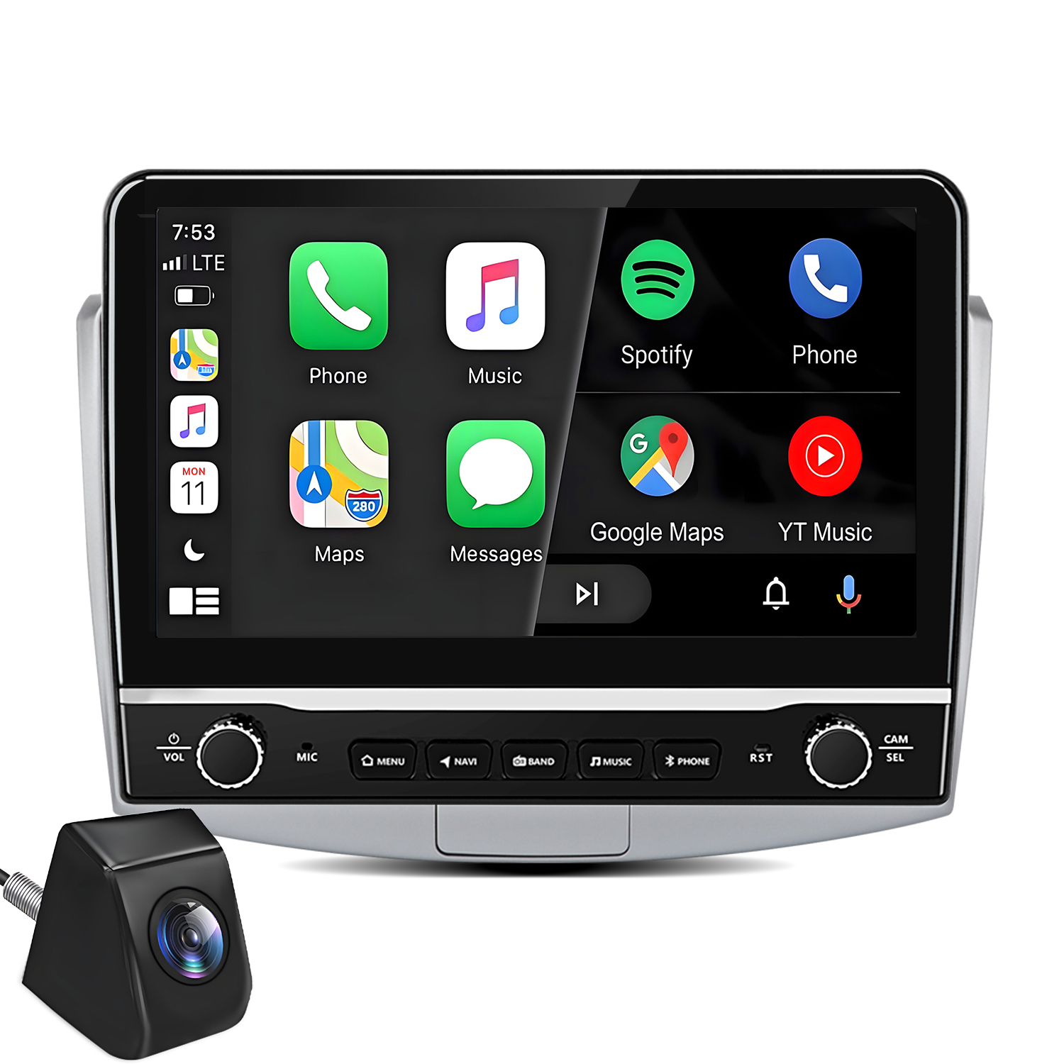 Ein Auto-Infotainment-System mit Apps und eine separate Rückfahrkamera.