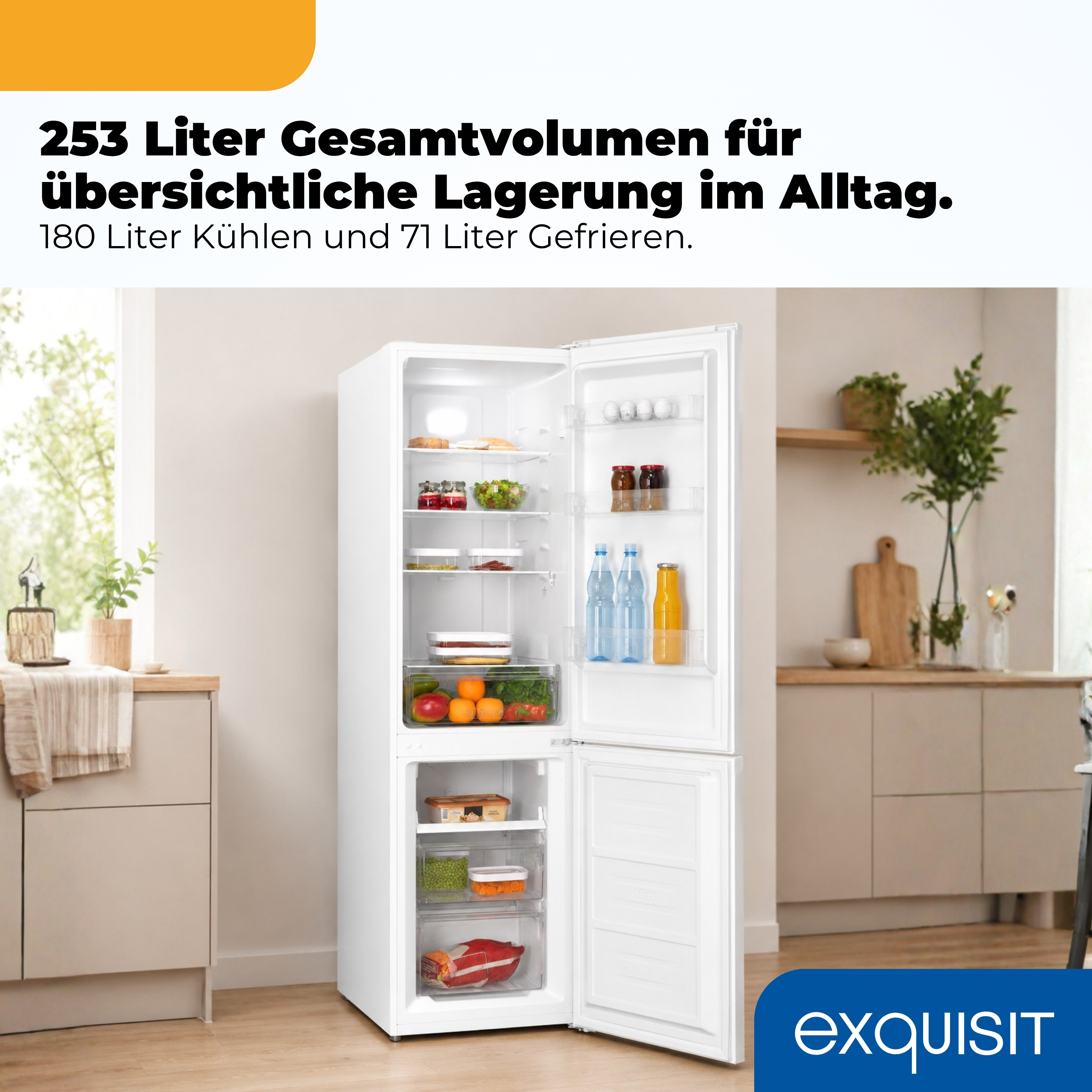 Ein offener weißer Kühlschrank mit Lebensmitteln und Getränken.