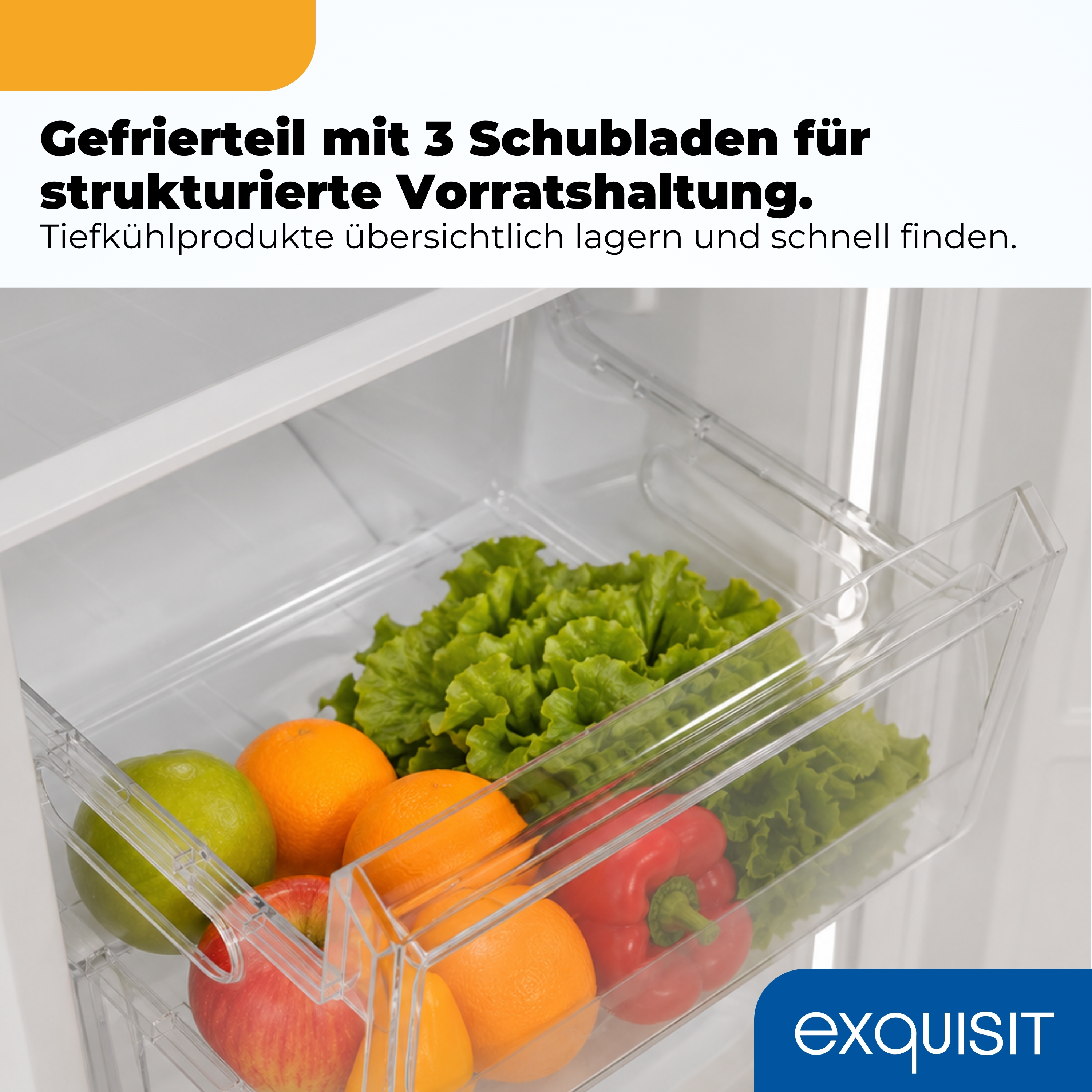 Kühlschrank mit transparenten Schubladen, gefüllt mit Obst, Gemüse und Salat.
