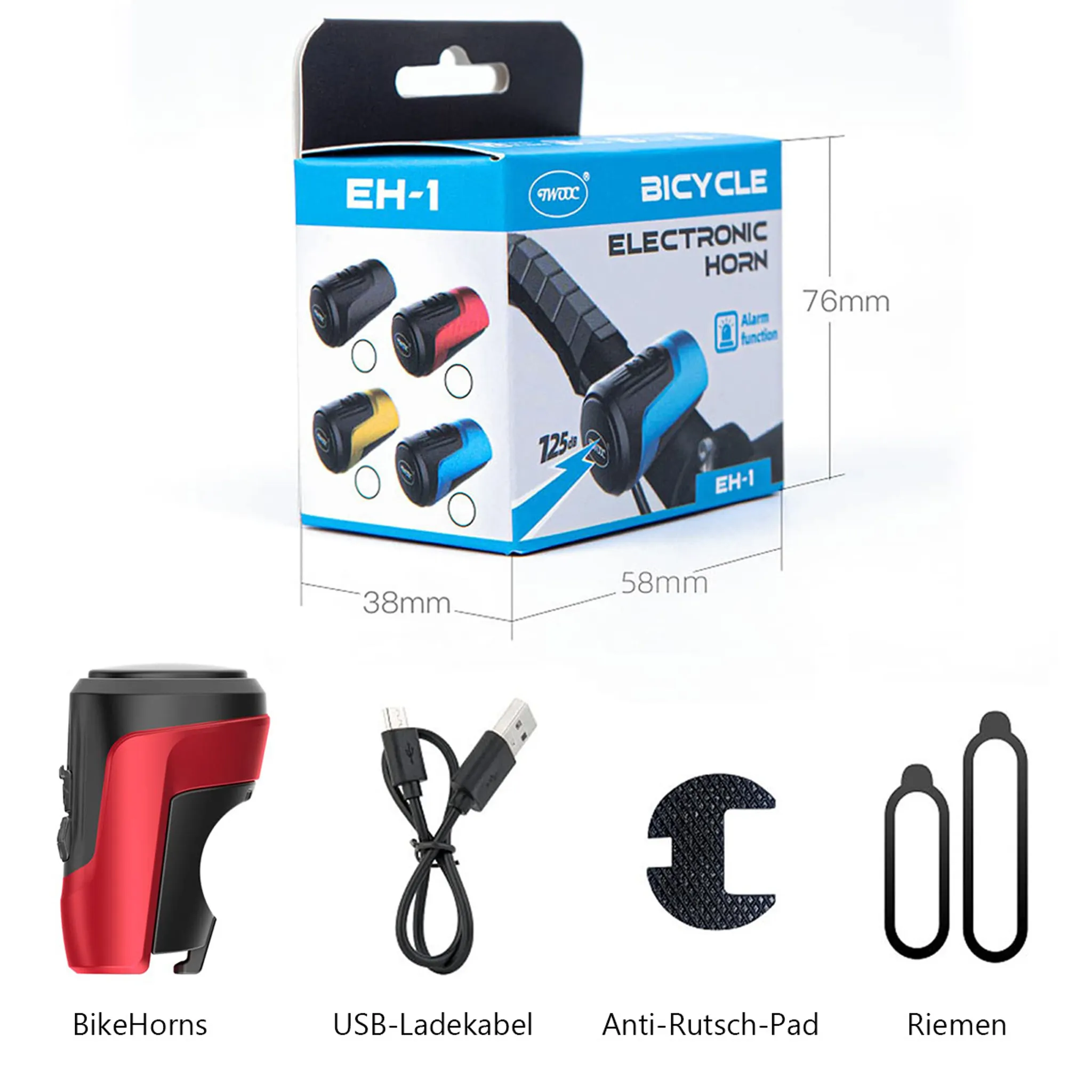 Verpackung für ein Fahrradhorn mit Zubehör wie USB-Kabel, Pad und Riemen.