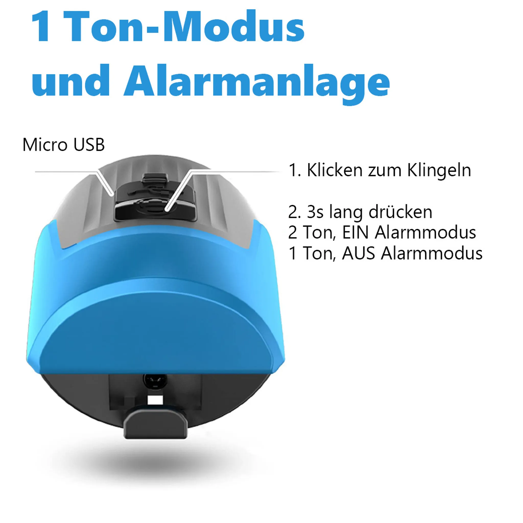 Ein blaues und graues Gerät mit Micro-USB-Anschluss und Tasten für Alarmfunktionen.