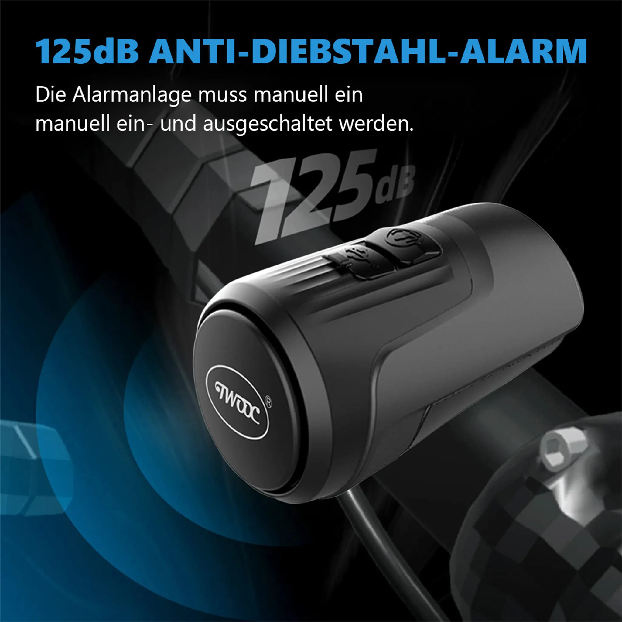 Schwarzer Diebstahlschutzalarm mit 125dB und manueller Bedienung.