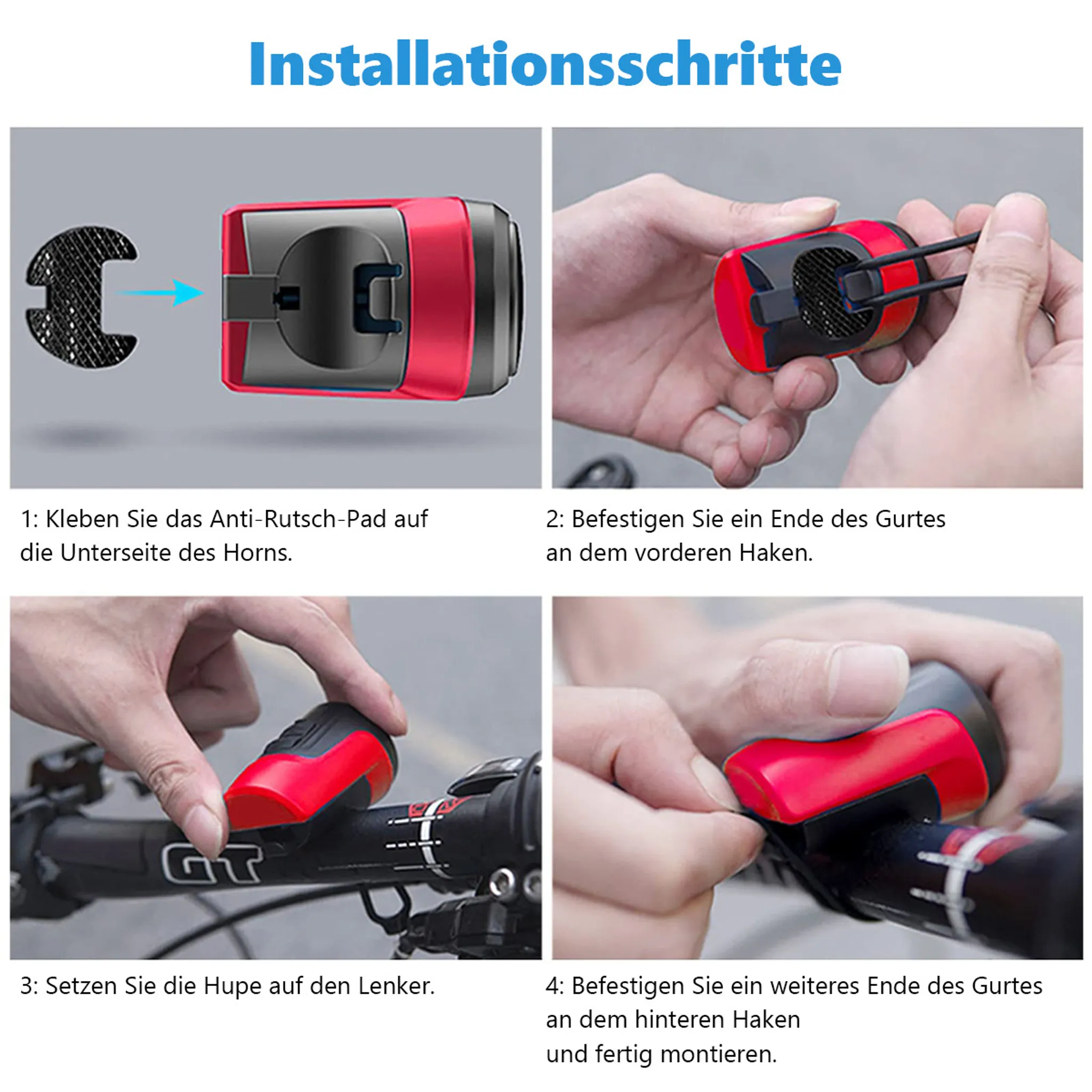 Schritte zur Montage eines roten Fahrradhorns mit Gurt und Anti-Rutsch-Pad.
