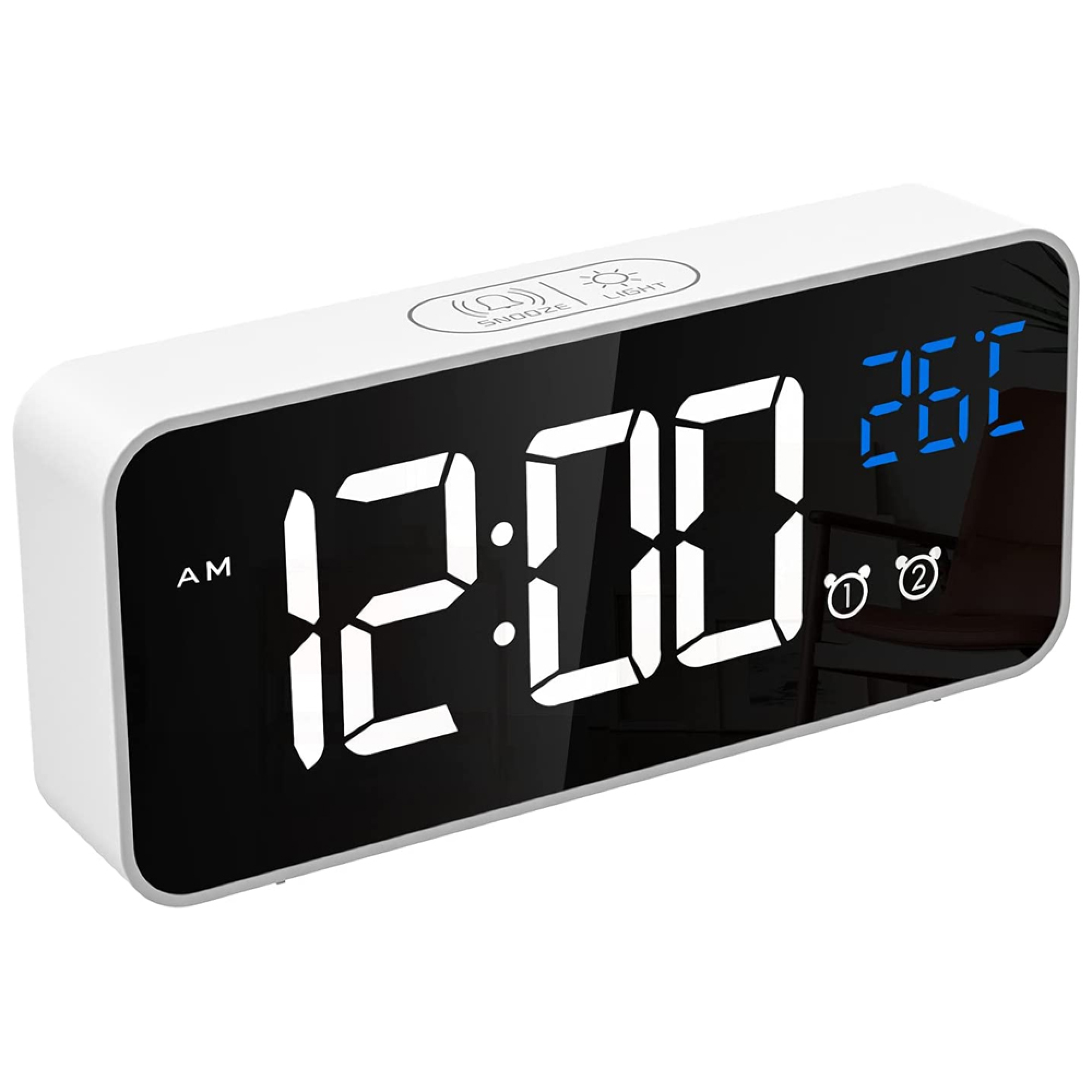 Ein weißer digitaler Wecker zeigt 12:00 AM und 25°C an. Er hat Snooze und Licht-Tasten.