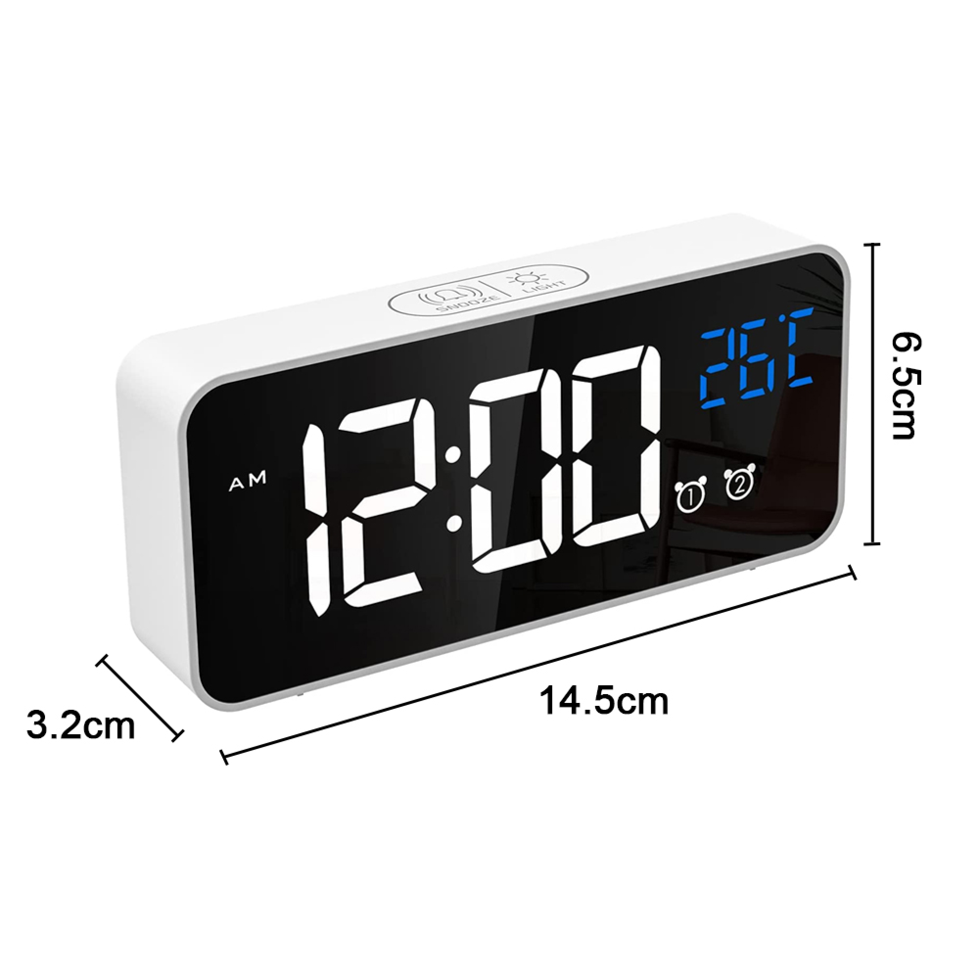 Ein weißer Digitalwecker zeigt 12:00 Uhr und 26 Grad an.