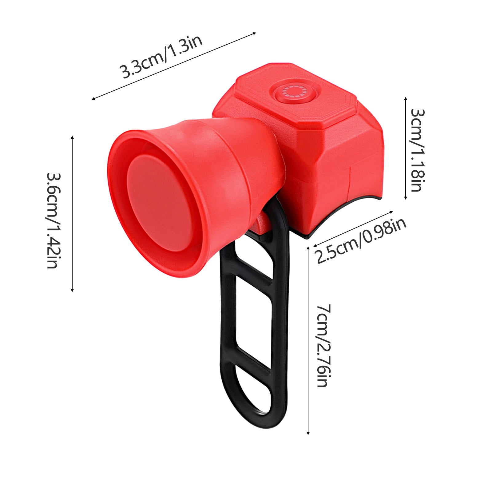 Rote Fahrradhupe mit schwarzen Halterungen und Maßen.
