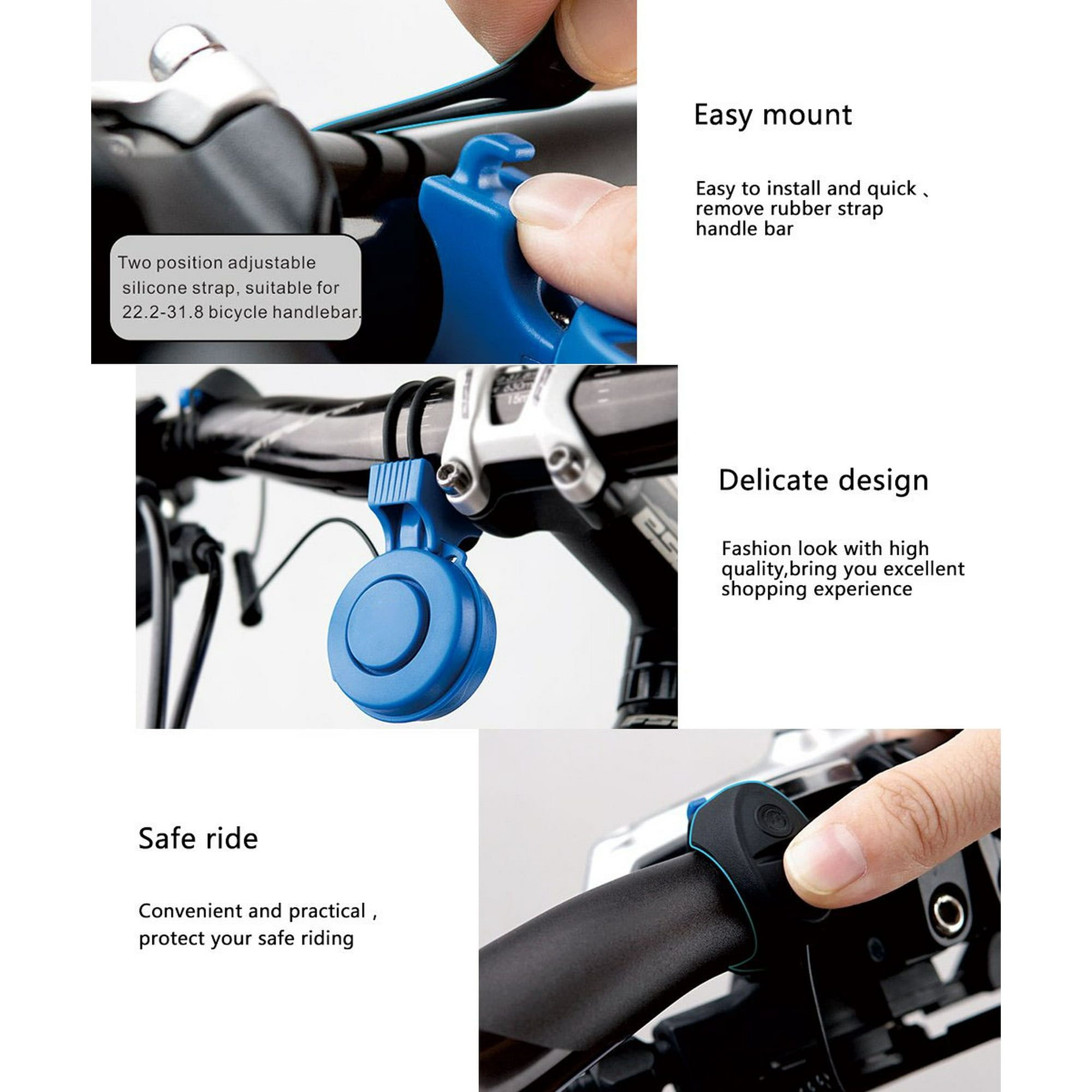 Blauer Fahrradklingel-Befestigungsmechanismus mit Silikonband an einem Lenker.
