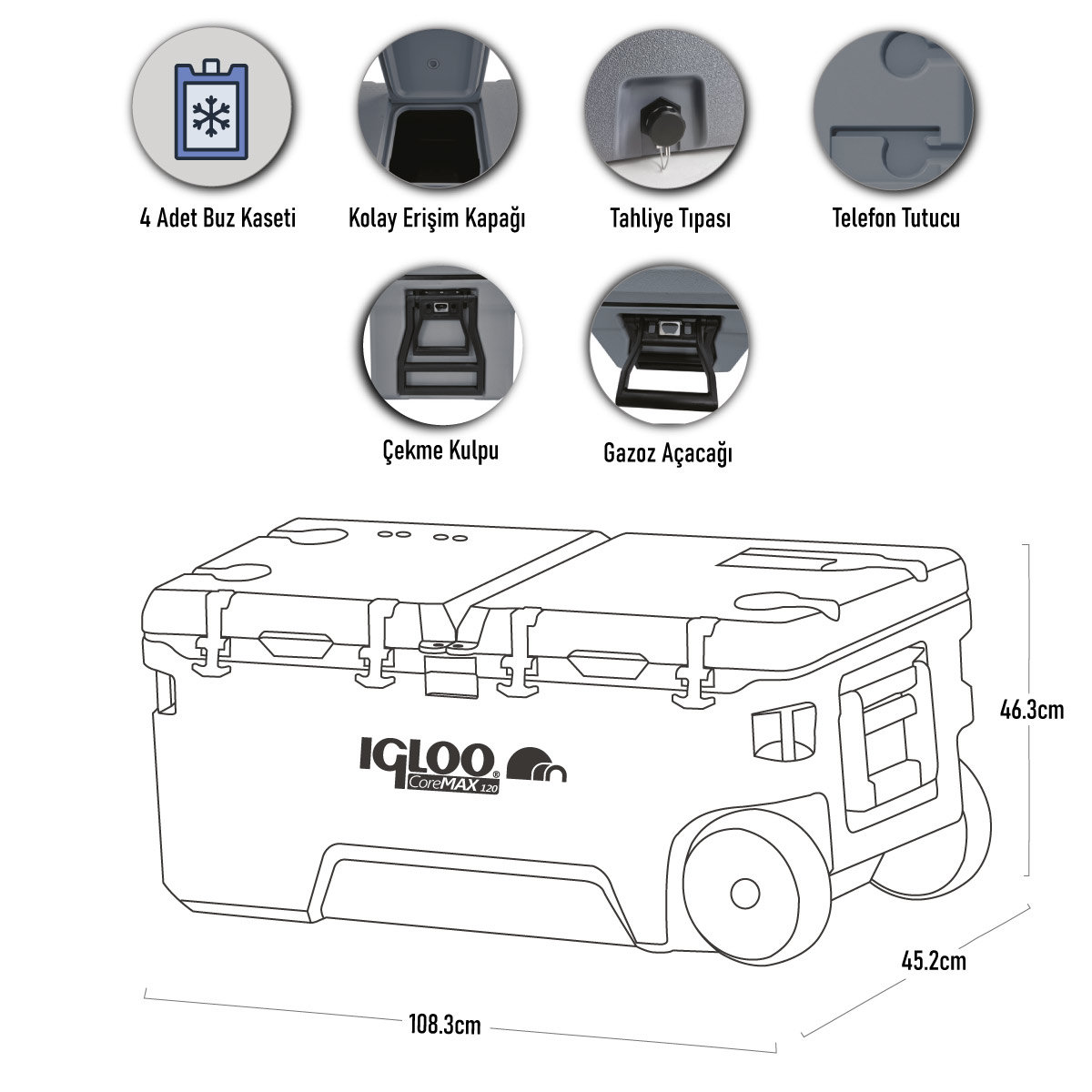 Boyutlu IGLOO CoreMAX 120 soğutucu diyagramı. Özellikler: buz kalıpları, kapak, tahliye, telefon tutucu, sap, şişe açacağı.